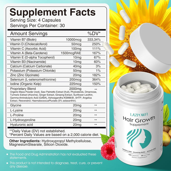 Lazpowfi Hair Growth Supplement 120 Capsules 30-in-1 Advanced Formula for Thicker, Healthier Hair