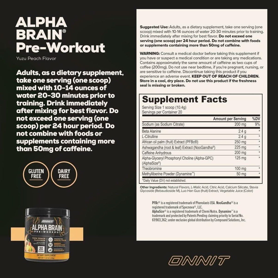Onnit Alpha Brain Pre-Workout - Yuzu Peach (20 Servings) | Focus & Performance Boost