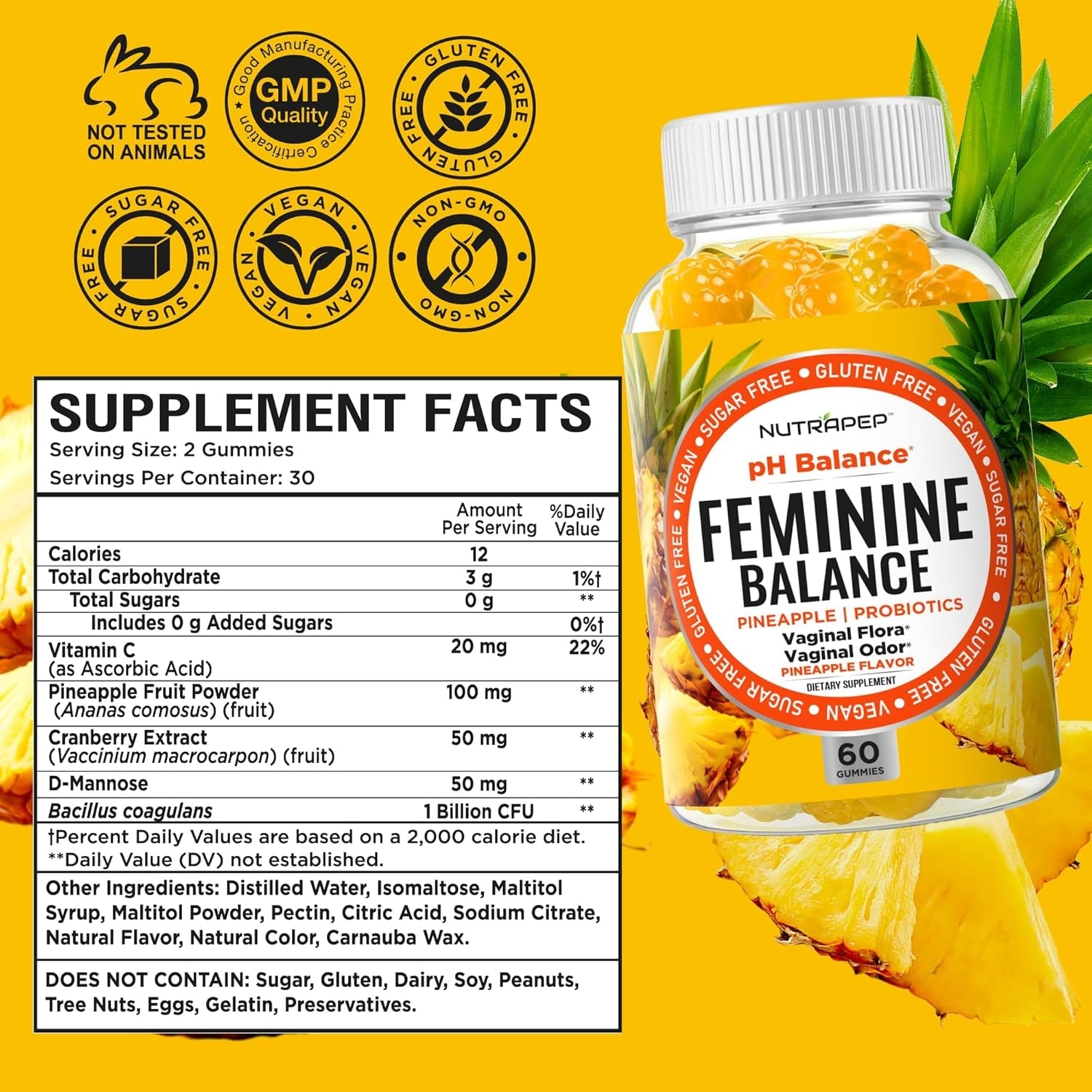 NutraPep Feminine Balance – 60 Gummies | Sugar-Free Vaginal Probiotic with Cranberry, D-Mannose & Vitamin C