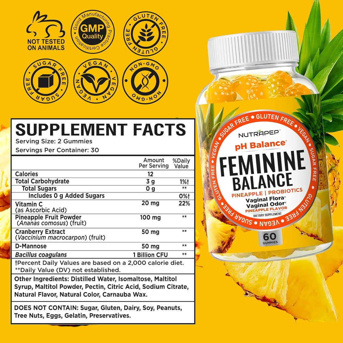NutraPep Feminine Balance – 60 Gummies | Sugar-Free Vaginal Probiotic with Cranberry, D-Mannose & Vitamin C