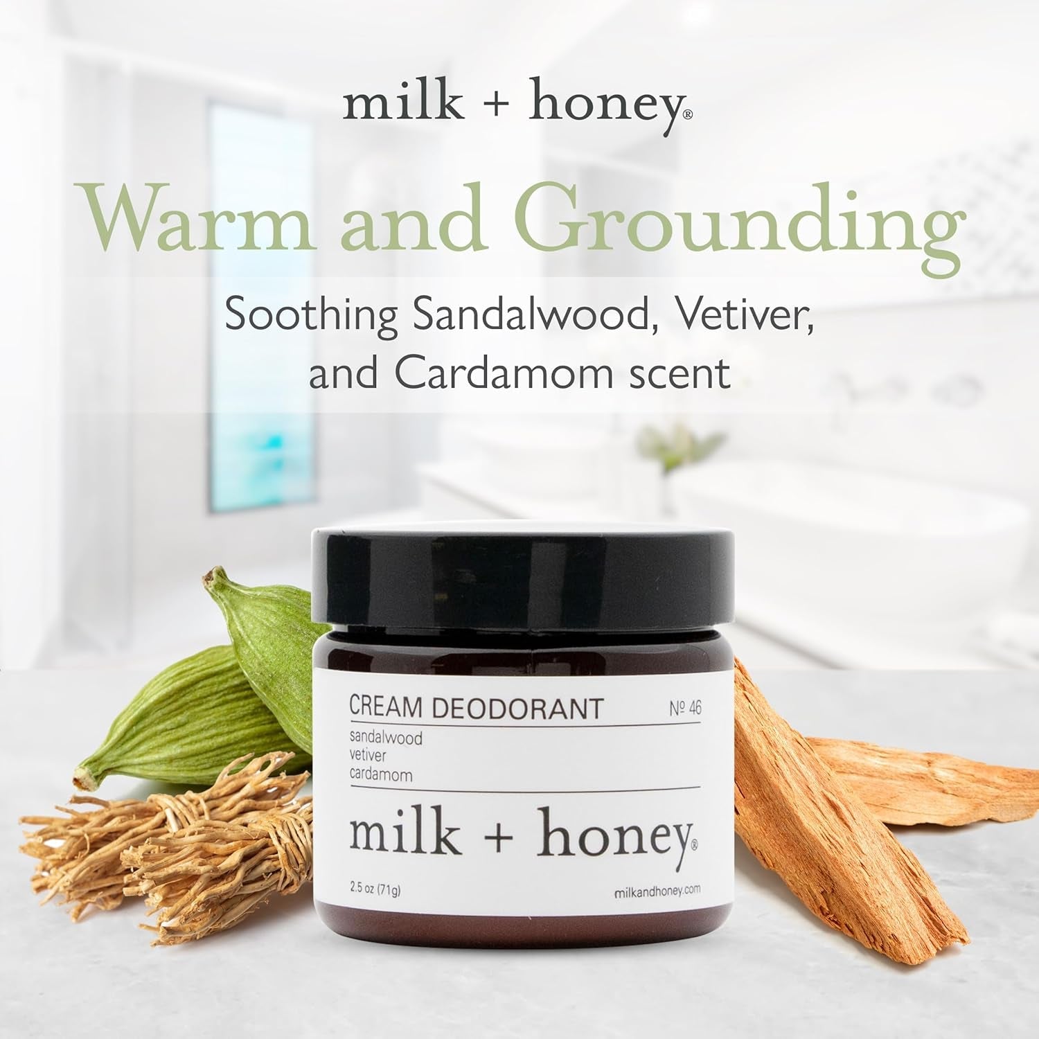 milk + honey Cream Deodorant No. 46 – 2.25 oz | A nourishing, aluminum-free cream deodorant with a warm, calming blend of sandalwood, vetiver, and cardamom.