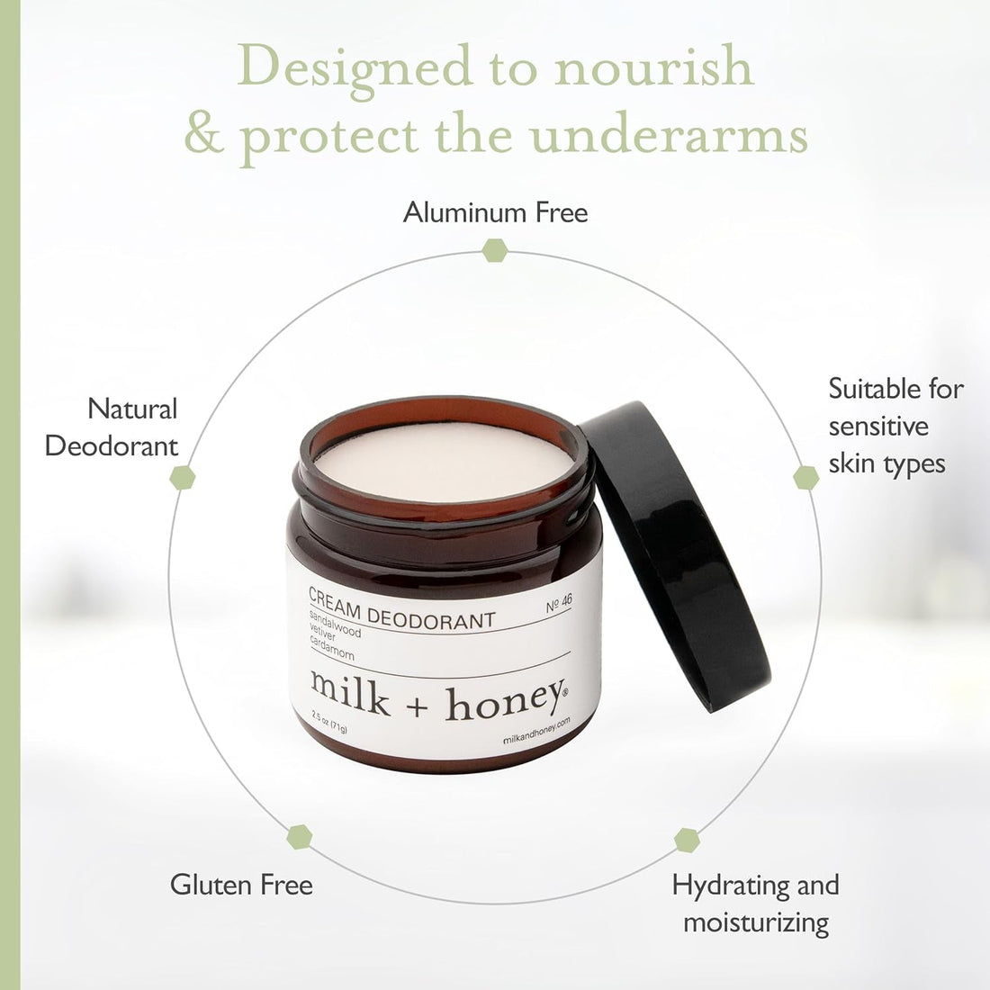 milk + honey Cream Deodorant No. 46 – 2.25 oz | A nourishing, aluminum-free cream deodorant with a warm, calming blend of sandalwood, vetiver, and cardamom.