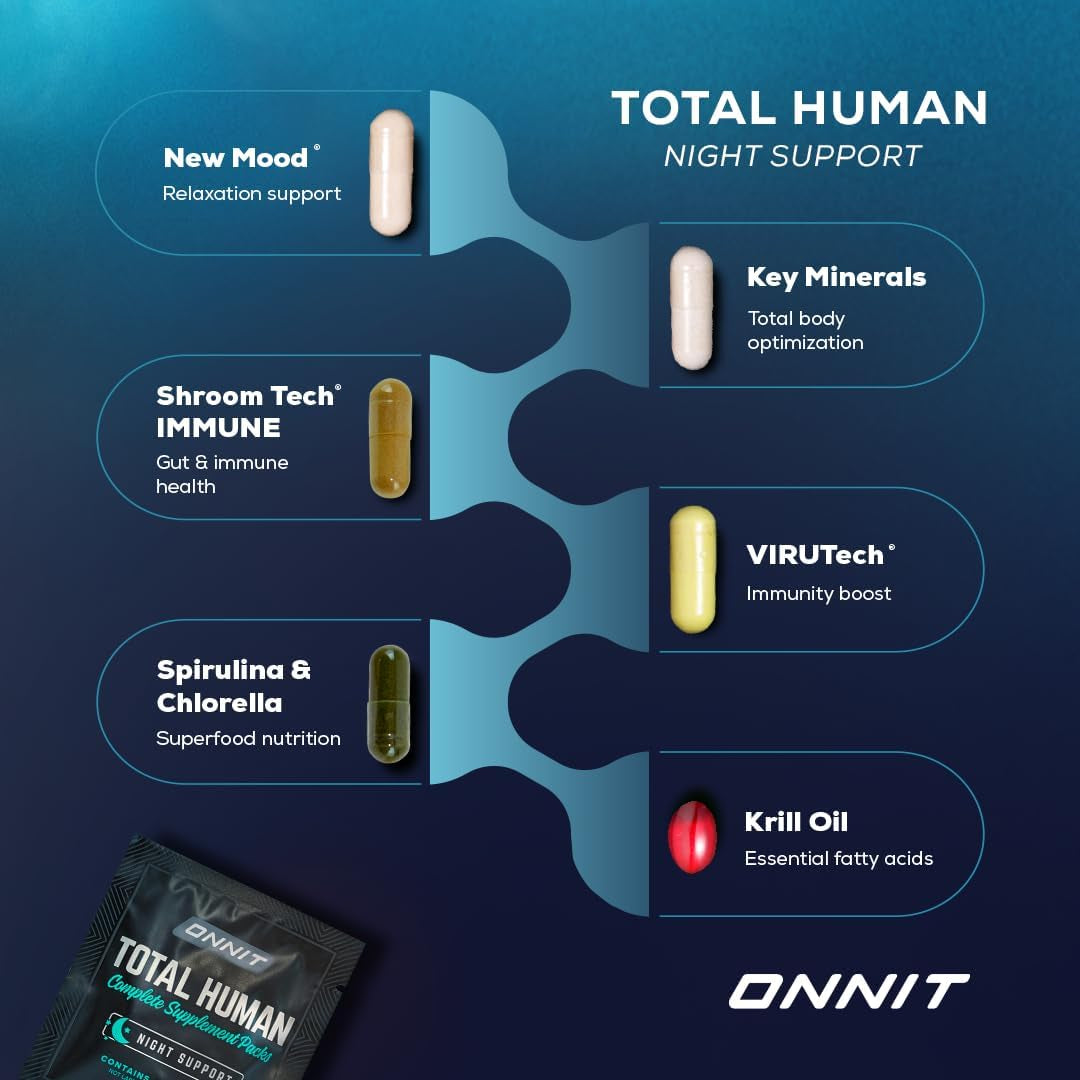 ONNIT Total Human Complete Supplement Packs – 60 Packets, 30-Day Supply | Day & Night Vitamins for Focus, Energy, Sleep & Immune Support