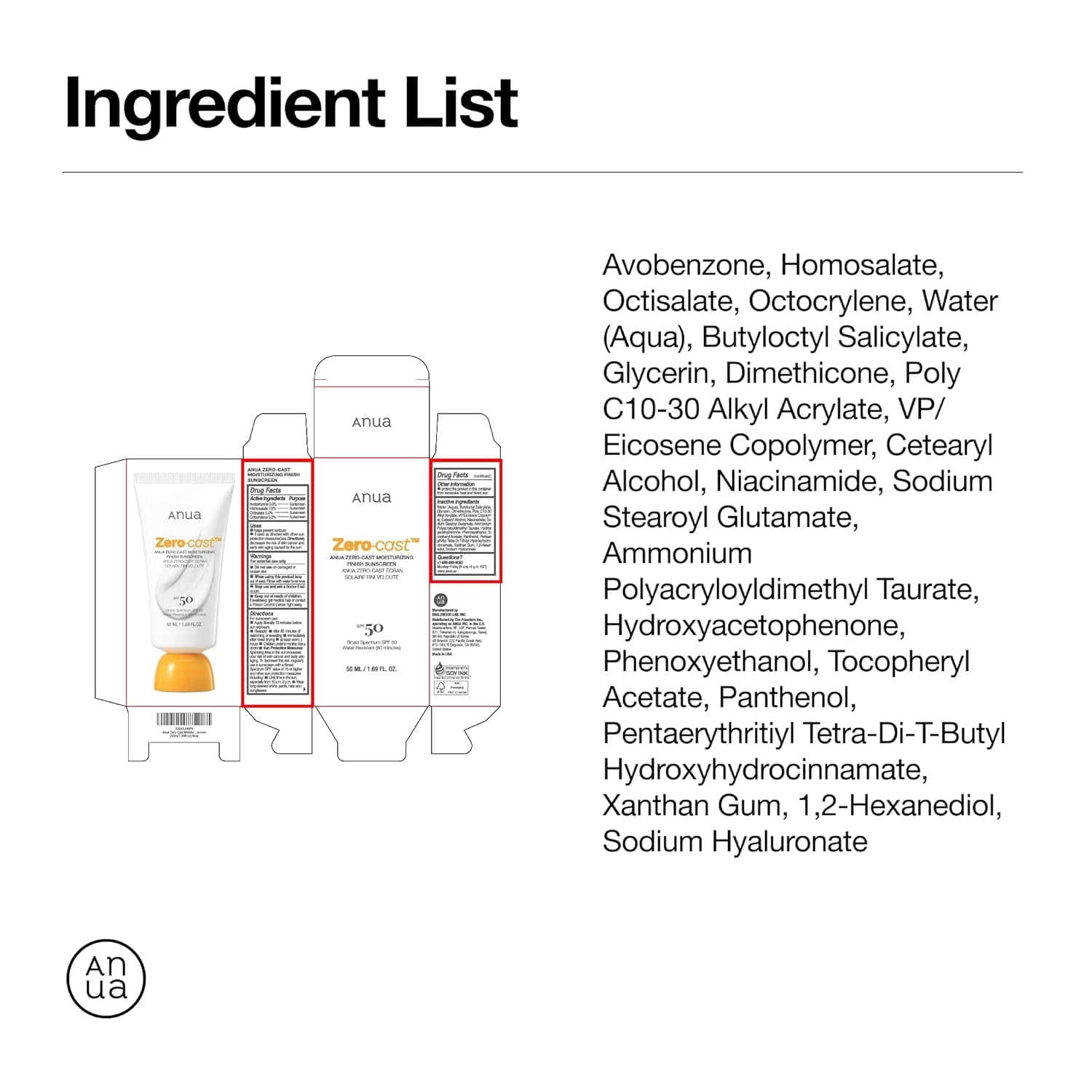 Anua Zero-Cast Moisturizing Finish Sunscreen SPF 50 50ml | No White Cast, Hydrating & Skin-Perfecting UV Protection