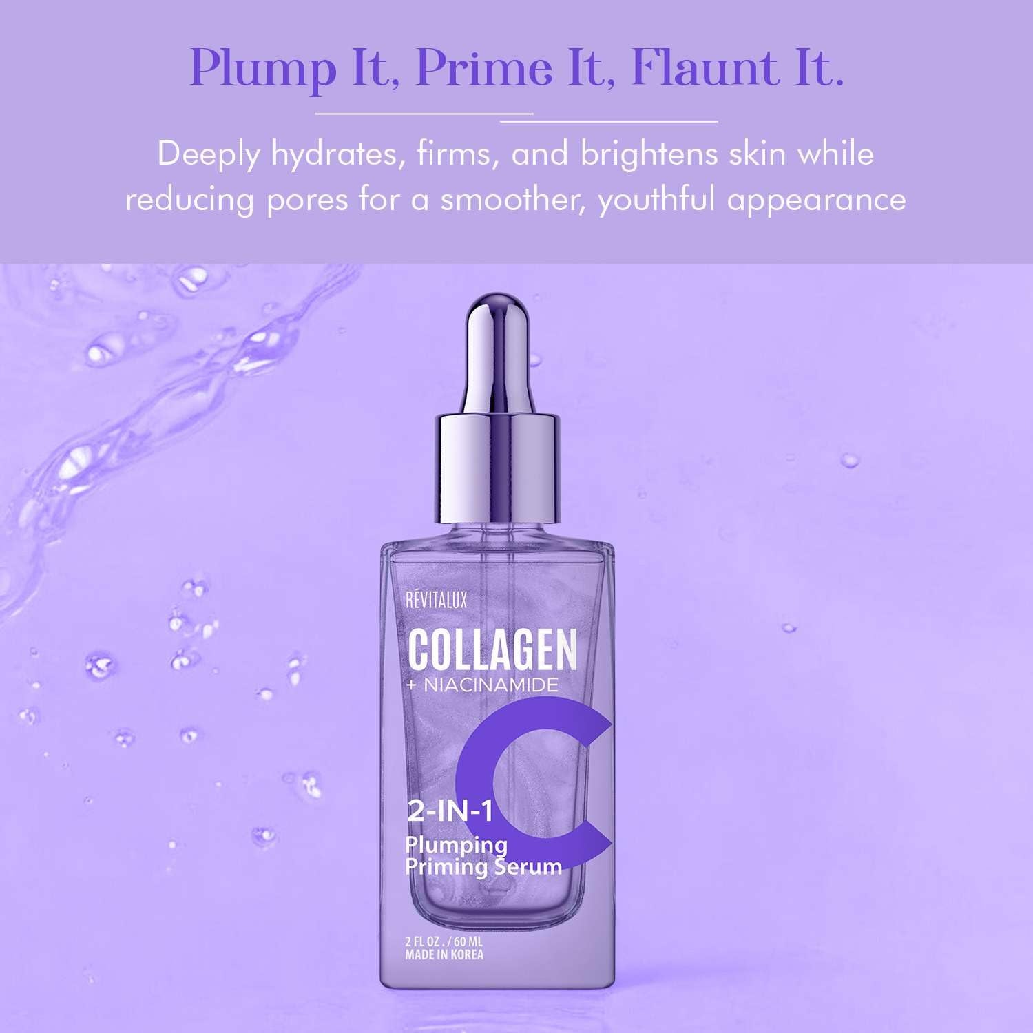 RevitaLux Collagen & Niacinamide 2-In-1 Plumping Priming Serum & 2 fl. oz Hydrating & Firming Korean Skincare for Radiant, Youthful Skin