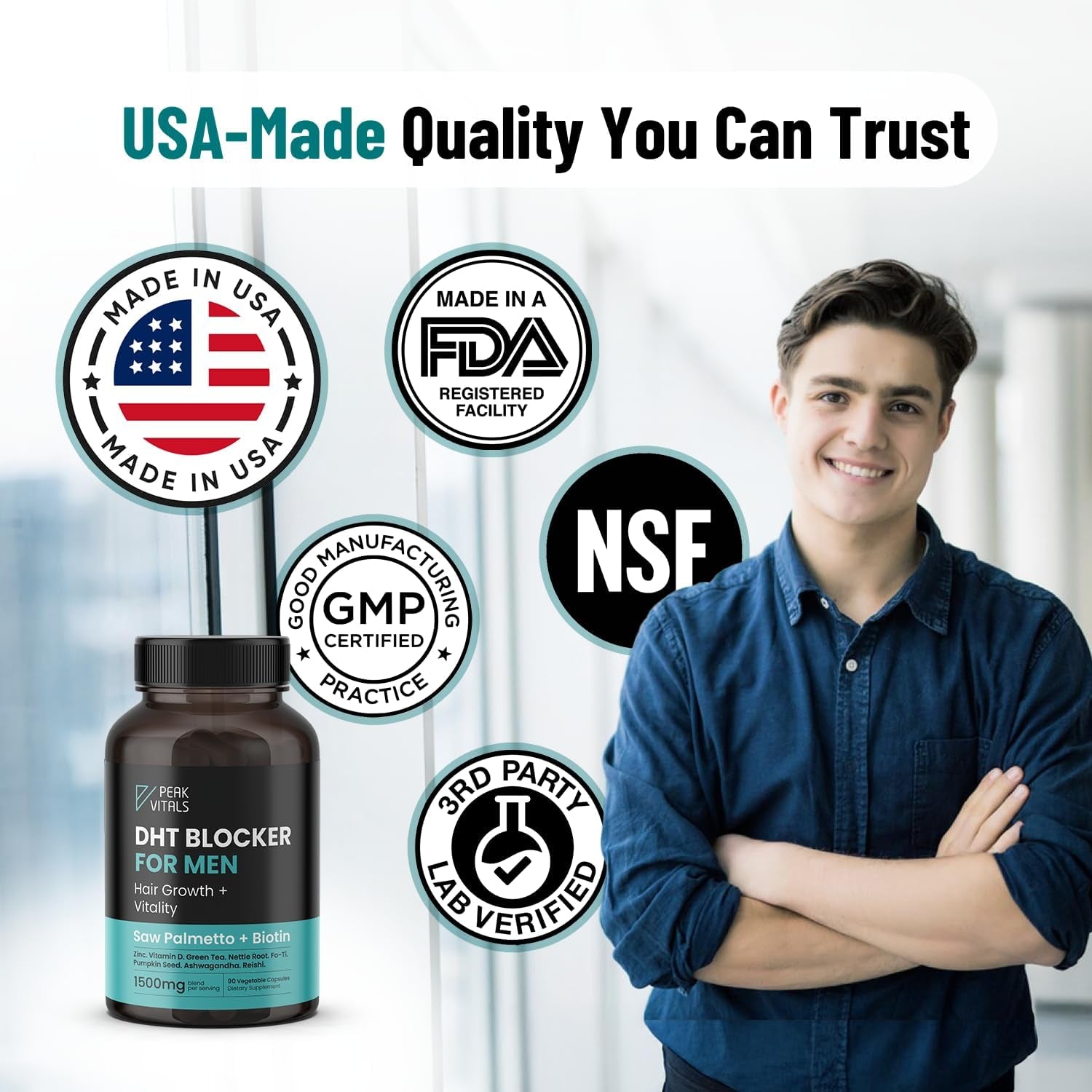 PEAK VITALS DHT Blocker for Men 90 Capsules The All-in-One Hair Regrowth & Vitality Supplement for Modern Men