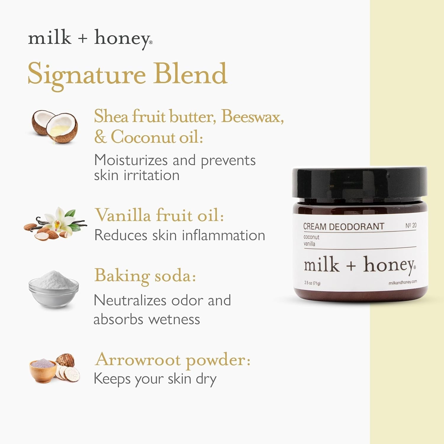 milk + honey Cream Deodorant No. 20  71 g | Natural Deodorant with Coconut & Vanilla | Aluminum-Free, Sensitive Skin Safe
