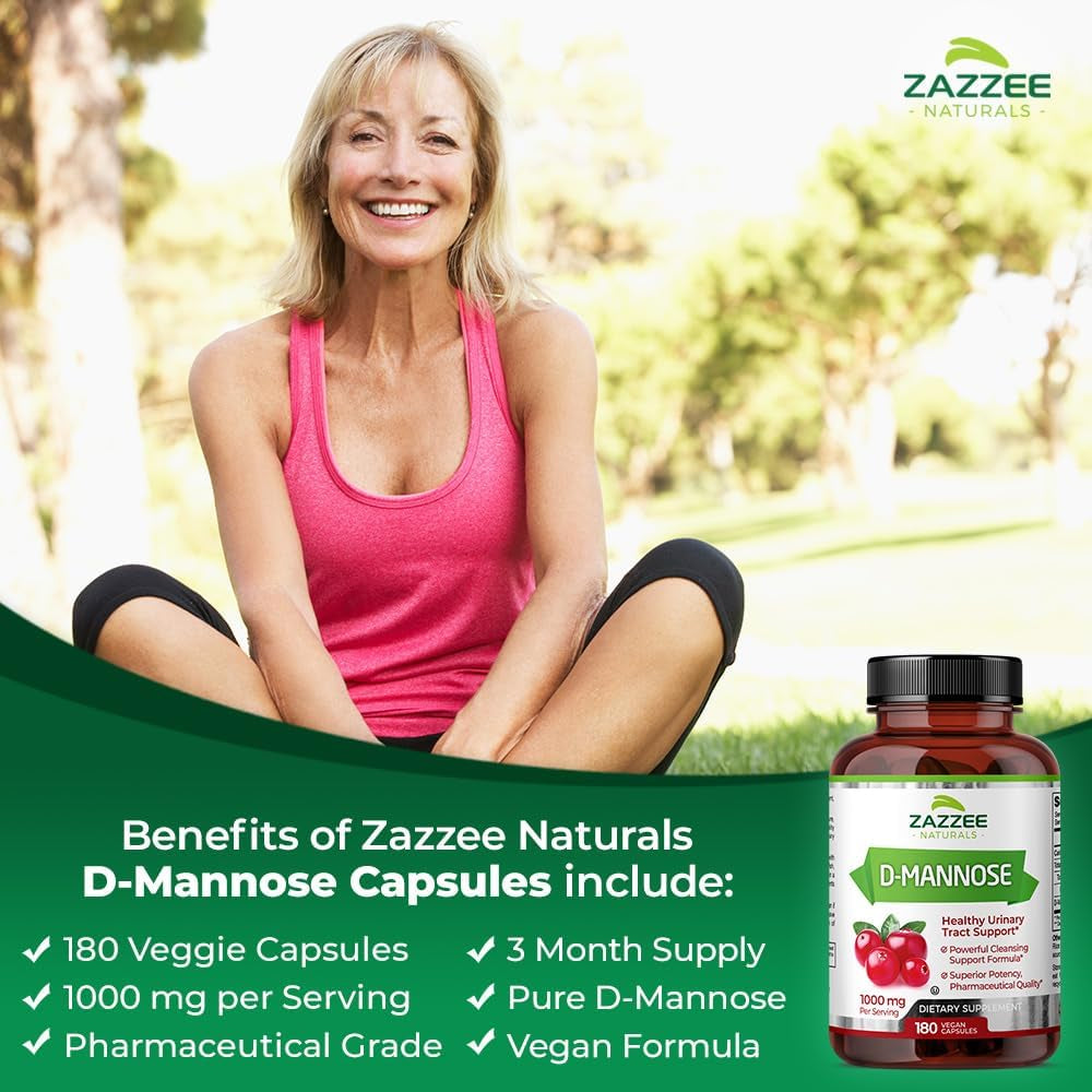 Zazzee D-Mannose Healthy Urinary Tract Support – 180 Vegan Capsules | Pure, Fast-Acting UTI Relief & Prevention