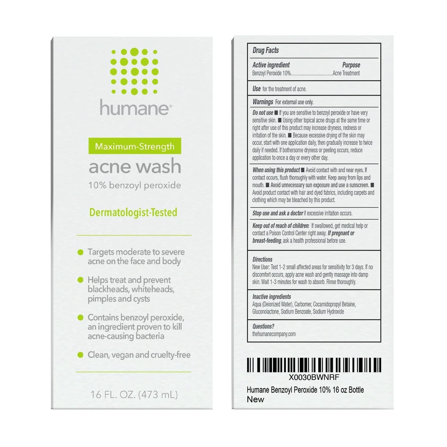 Humane Maximum-Strength Acne Wash 473ml | 10% Benzoyl Peroxide Body & Face Cleanser for Stubborn Acne