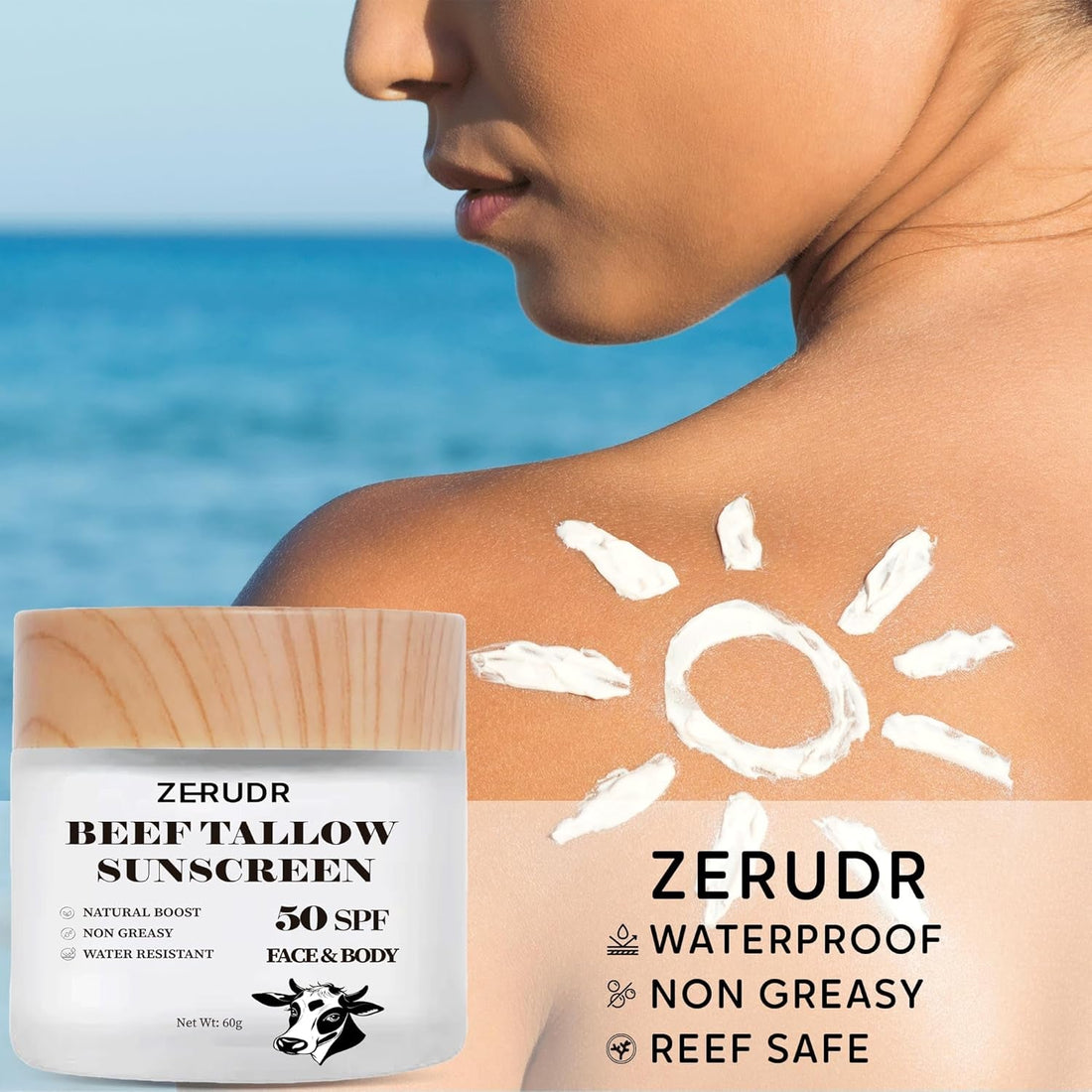 ZERUDR Beef Tallow Sunscreen SPF 50 – 60g | Non-Toxic, Water-Resistant Sun Protection for Sensitive Skin