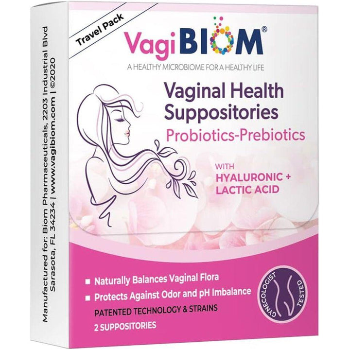 VagiBiom Vaginal Health Suppositories - 2 Suppositories (Travel Pack) | Probiotic pH Balance & Odor Control