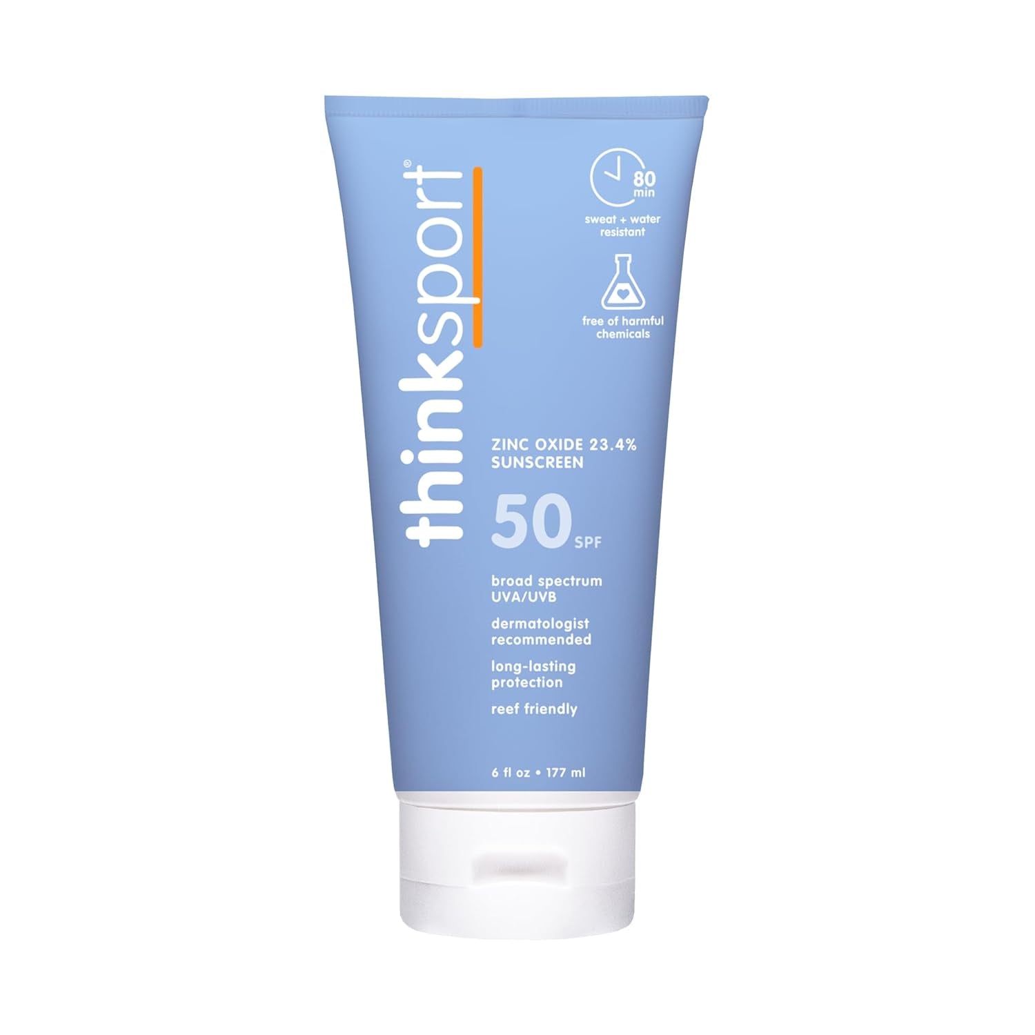 Thinksport Zinc Oxide Sunscreen SPF 50 177ml | Broad Spectrum, Reef-Safe Mineral Protection for Active Lifestyles