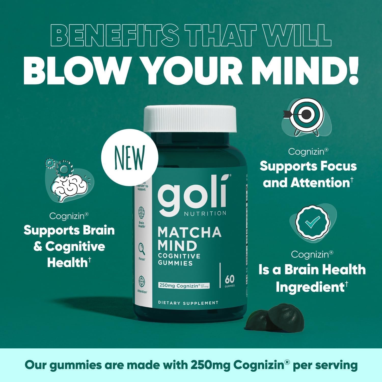 Goli Matcha Mind Cognitive Gummies 60 Gummies | Focus, Mental Clarity & Stress Support