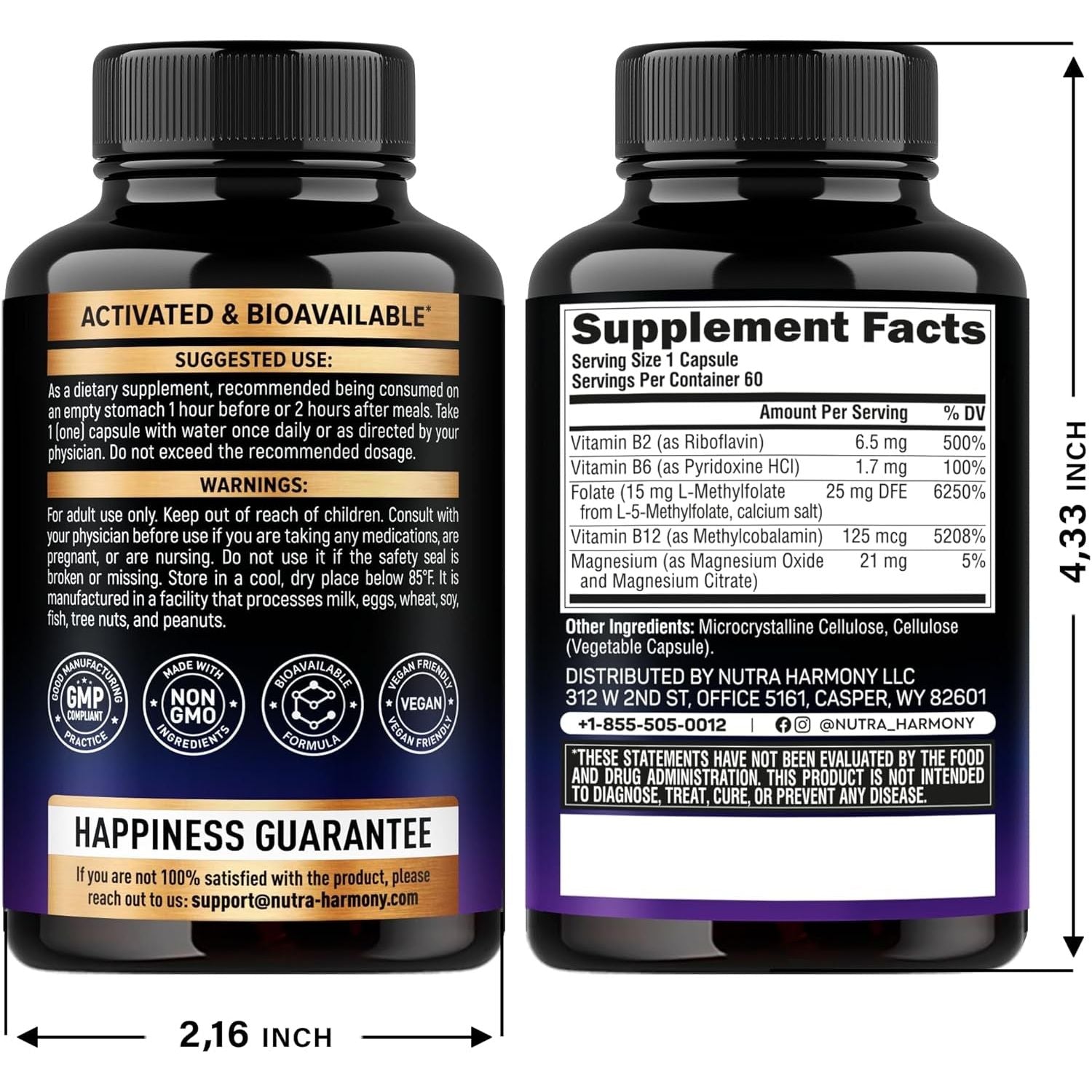 NUTRAHARMONY 5-MTHF Methylfolate Supplement 60 Capsules | High-Potency Active B9 with B2, B6, B12 & Magnesium