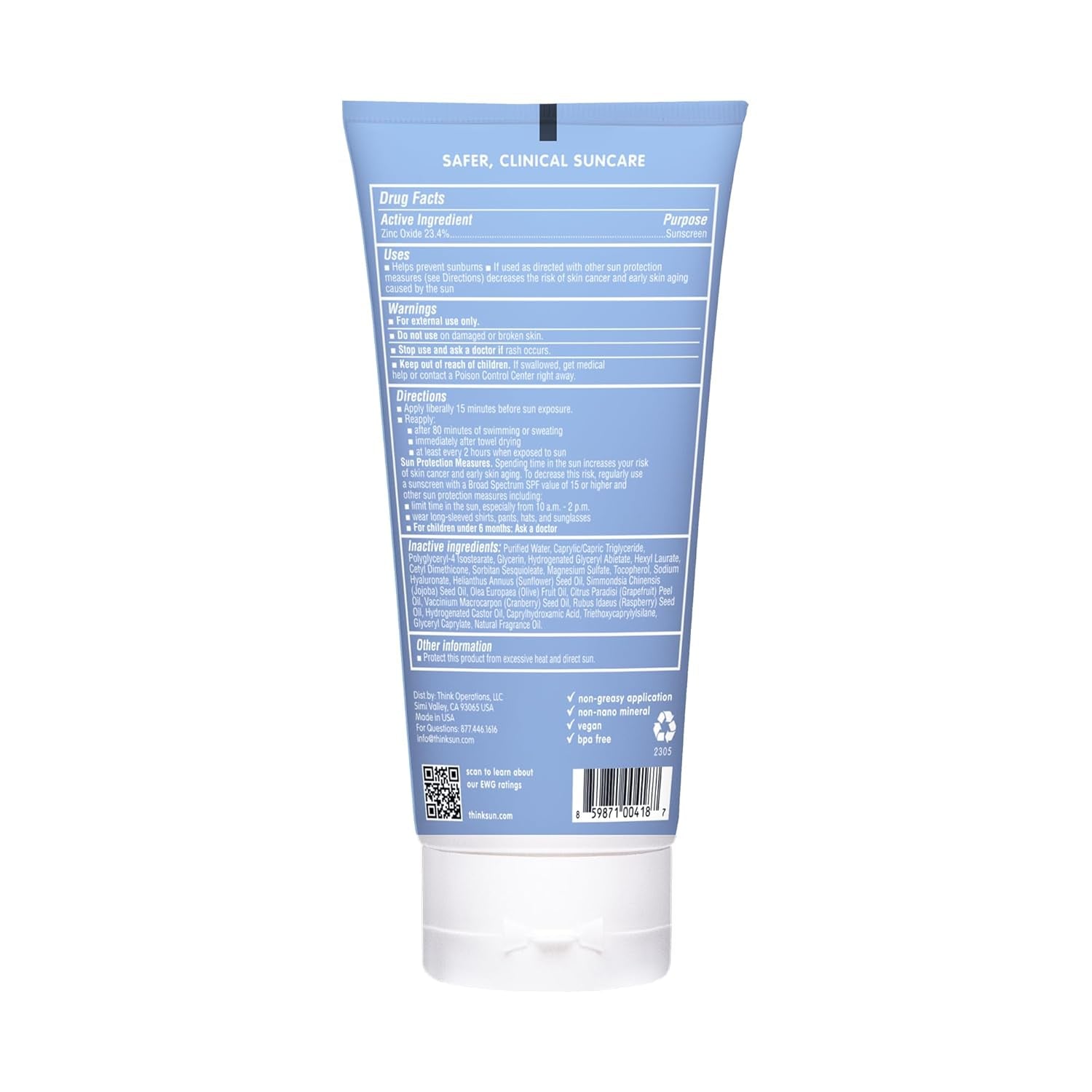 Thinksport Zinc Oxide Sunscreen SPF 50 177ml | Broad Spectrum, Reef-Safe Mineral Protection for Active Lifestyles