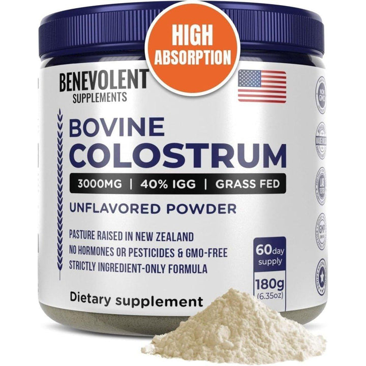 Benevolent Supplements Bovine Colostrum Powder (3000mg, 40% IgG, No Fillers) Grass-Fed Immune & Gut Support 60 Servings