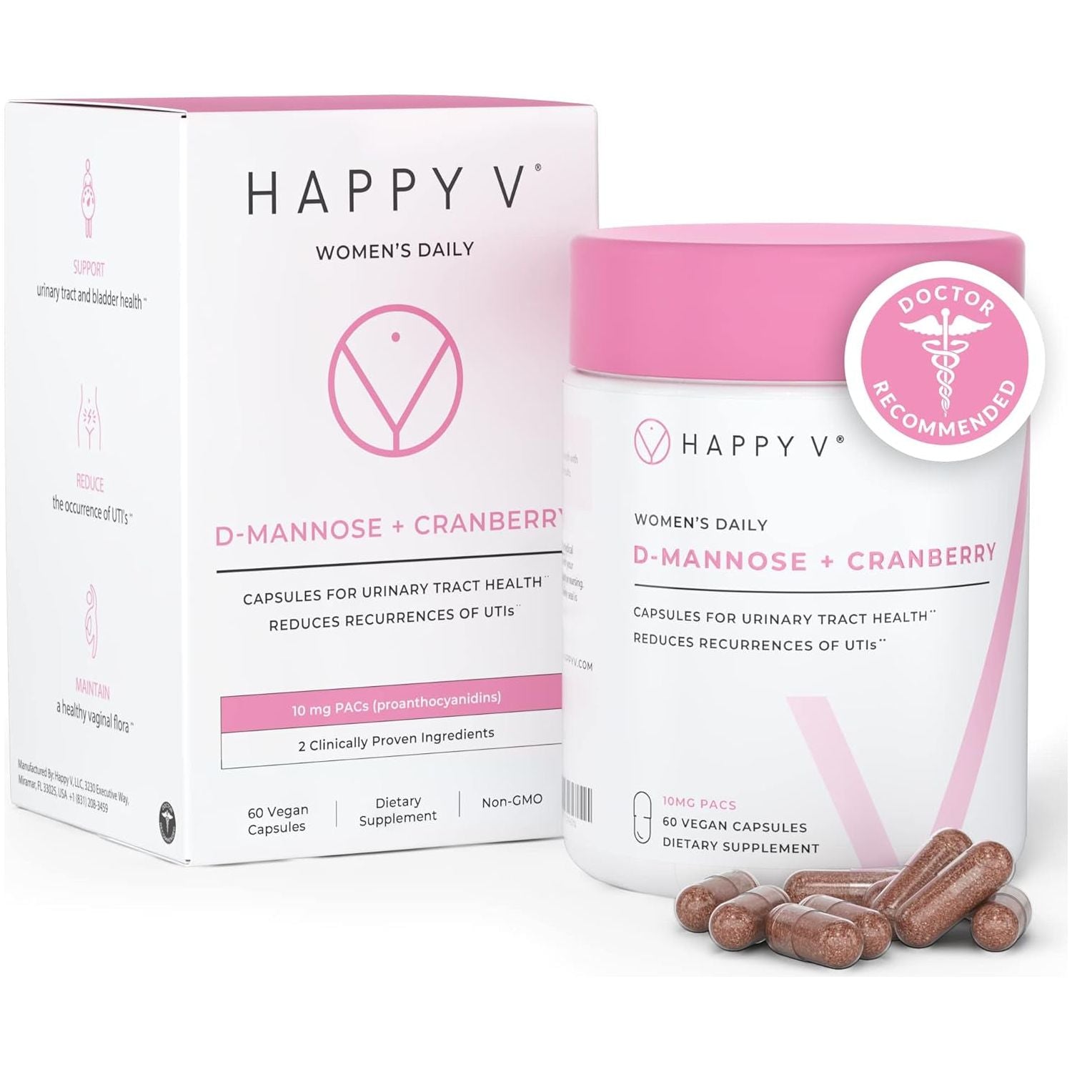 Happy V Women’s Daily D-Mannose + Cranberry – 60 Vegan Capsules UTI Prevention & Urinary Tract Health Support