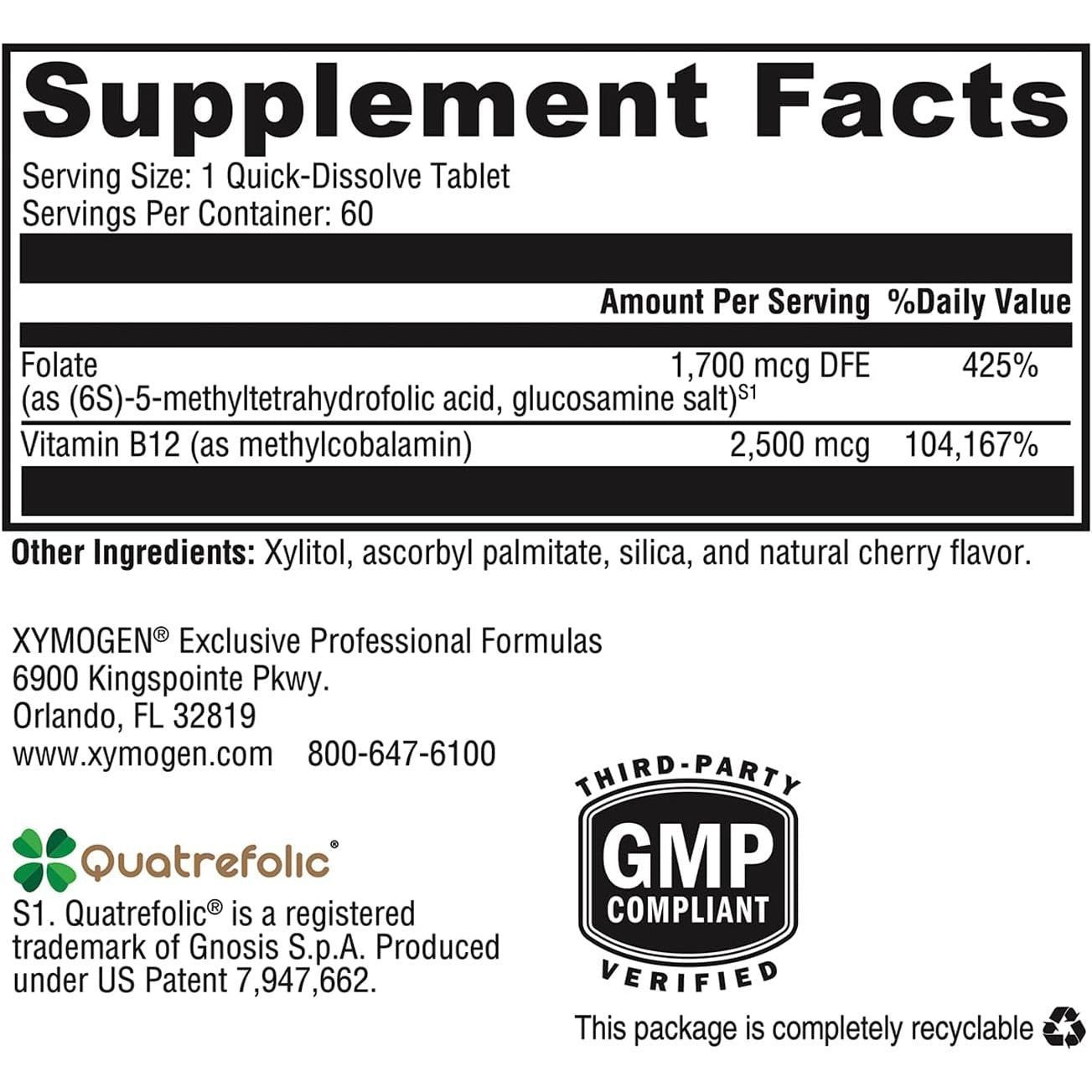 XYMOGEN 5-MTHF Plus B12 60 Quick-Dissolve Tablets The Advanced Methylation Support for Brain, Nerve & Cellular Health