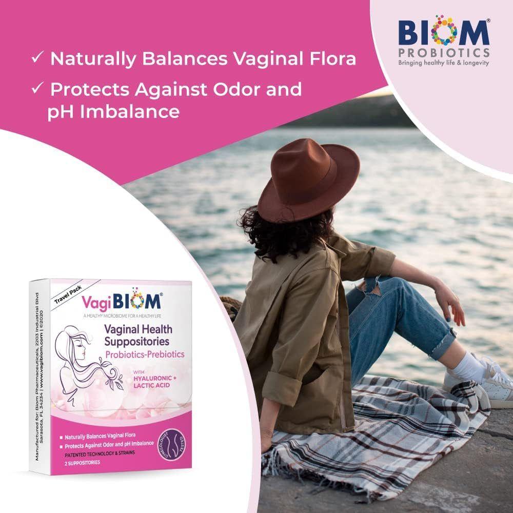 VagiBiom Vaginal Health Suppositories - 2 Suppositories (Travel Pack) | Probiotic pH Balance & Odor Control