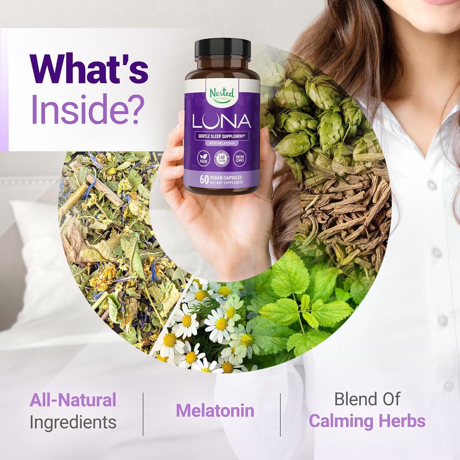 Nested Naturals Luna Gentle Sleep Supplement – 60 Vegan Capsules | Natural Sleep Aid with Melatonin, Valerian Root & L-Theanine