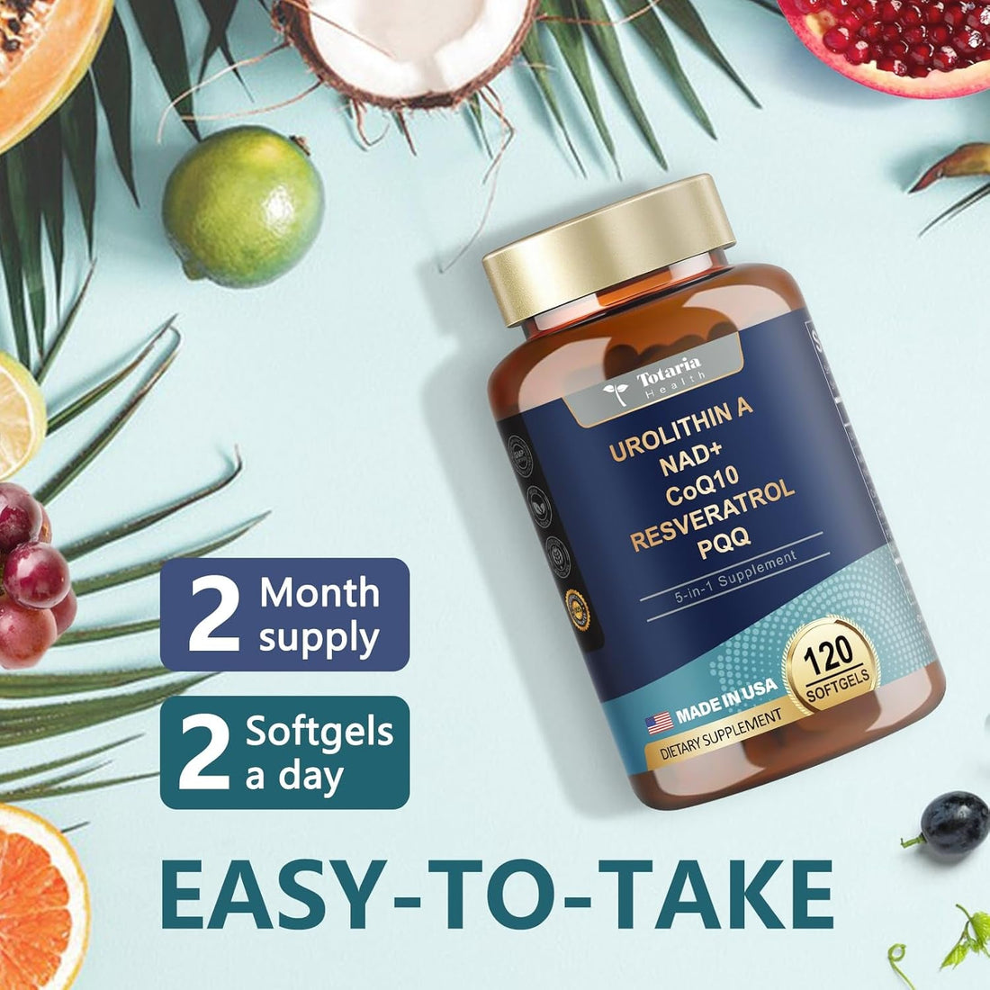 Totaria Urolithin A + NAD+ + CoQ10 + Resveratrol + PQQ 120 Softgels | Cellular Energy, Mitochondrial & Anti-Aging Support