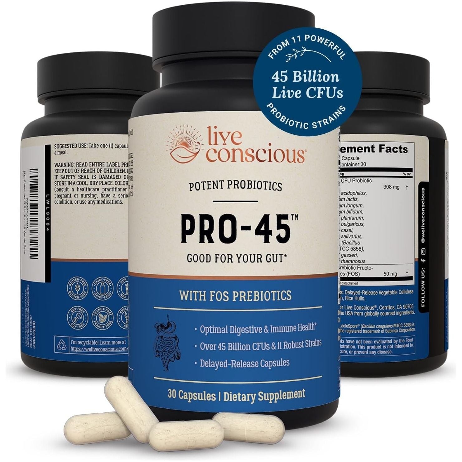 Live Conscious Potent Probiotics PRO-45 30 Capsules | 45 Billion CFU for Digestive, Immune & Gut-Brain Health