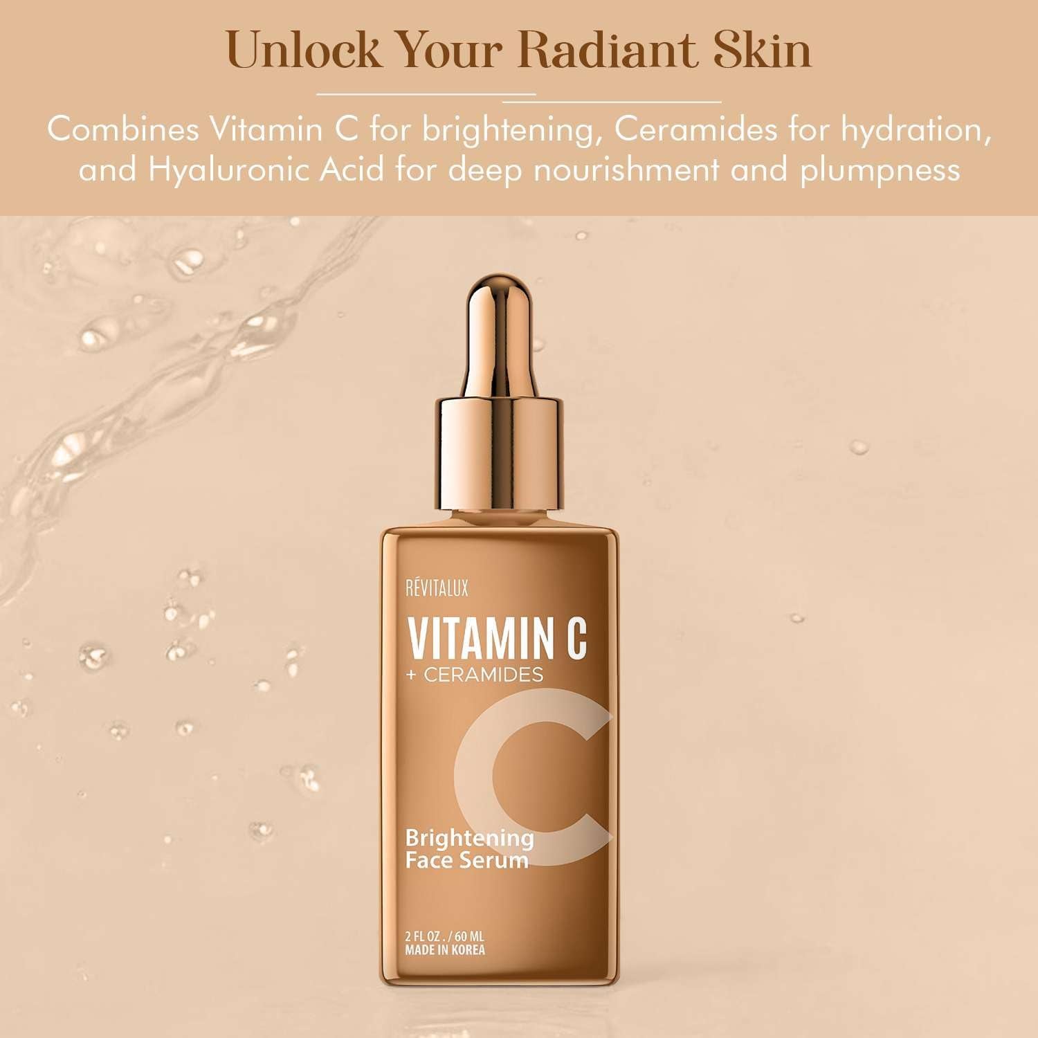 RevitaLux Vitamin C & Ceramides Brightening Face Serum & 2 fl. oz Hydrating & Anti-Aging Korean Skincare for Radiant, Smooth Skin