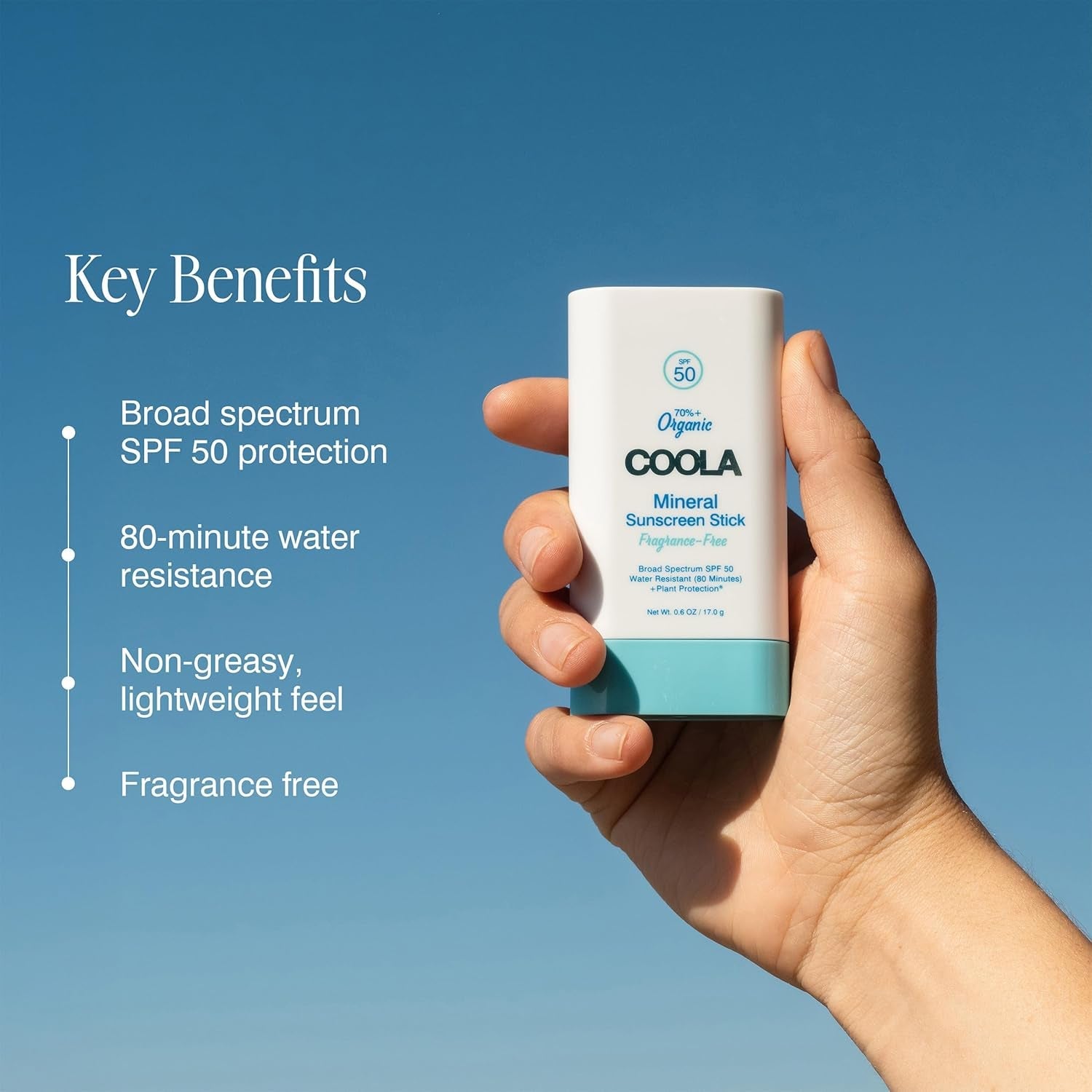 COOLA Mineral Sunscreen Stick SPF 50 Fragrance-Free 17g | Sheer, Sensitive Skin Protection with Non-Nano Zinc