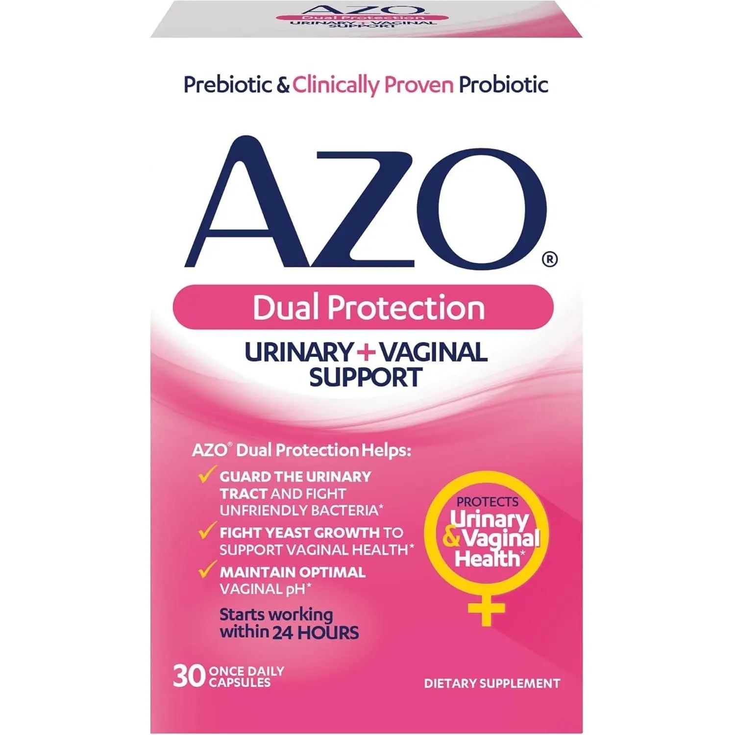 AZO Dual Protection, Urinary + Vaginal Support – 30 Capsules | Clinically Proven Probiotic & Prebiotic for Feminine Wellness