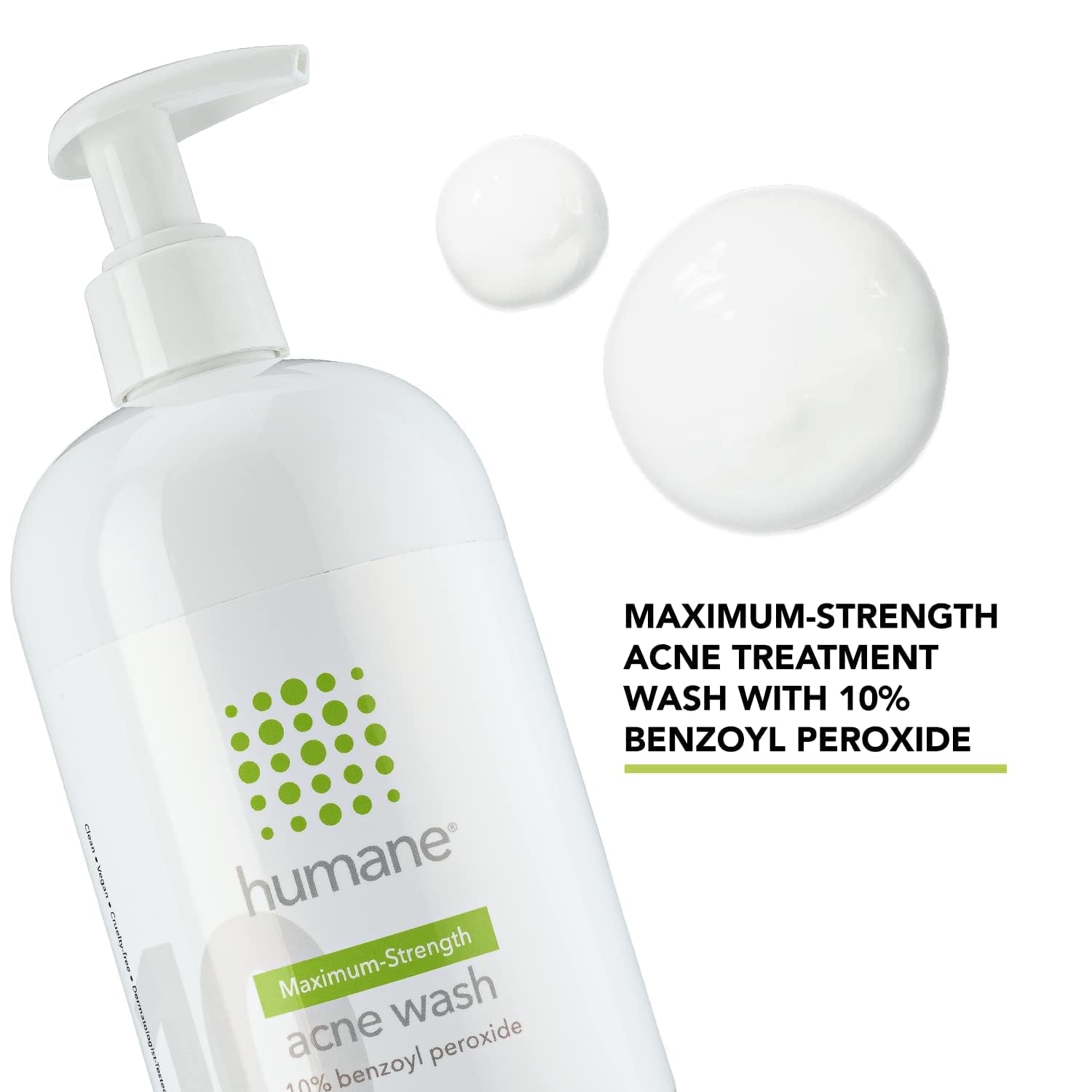 Humane Maximum-Strength Acne Wash 473ml | 10% Benzoyl Peroxide Body & Face Cleanser for Stubborn Acne