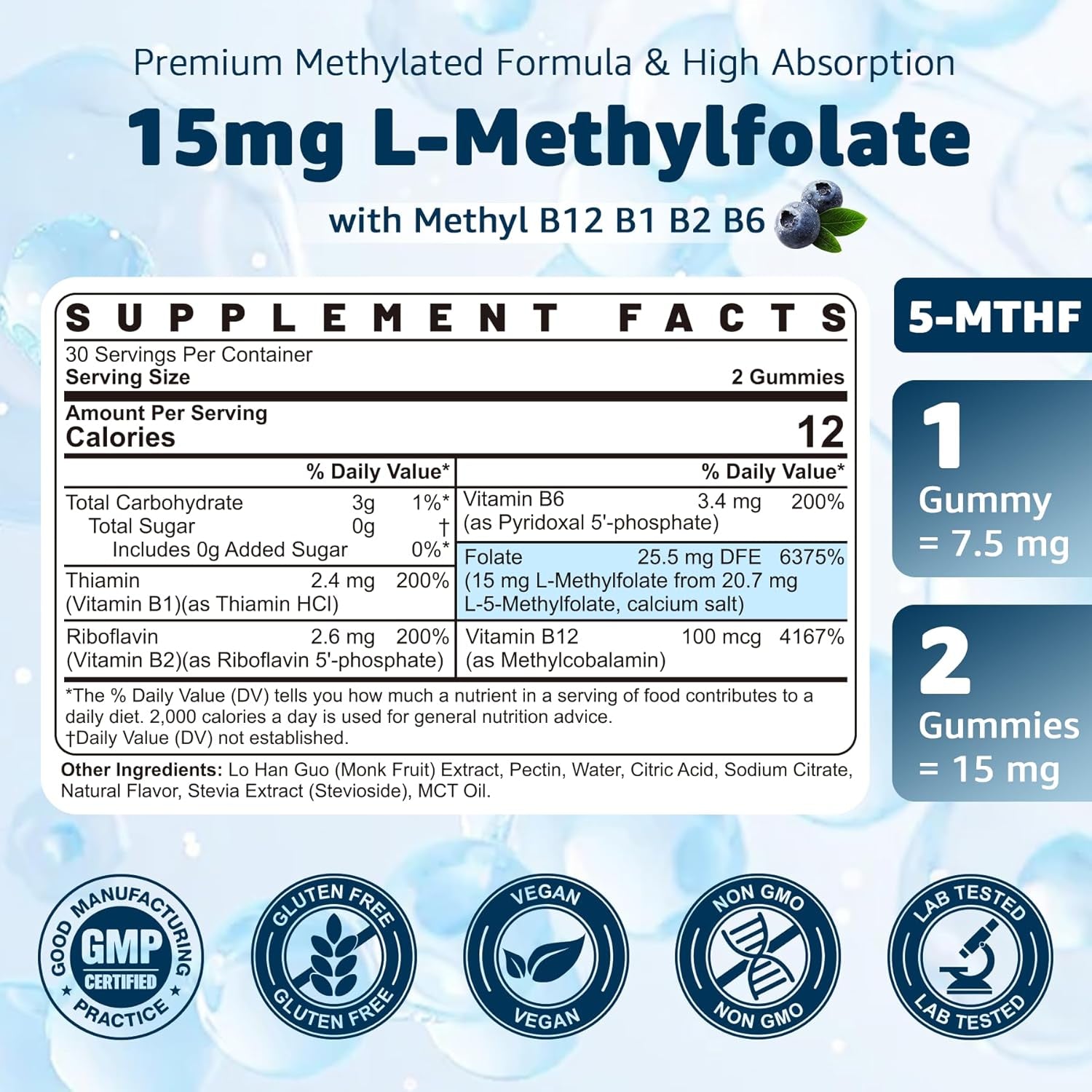 Nextdia L-Methylfolate 5-MTHF Gummies 60 Sugar-Free Vegan Gummies | Active Folate + Methylated B Vitamins for Energy, Mood & Focus