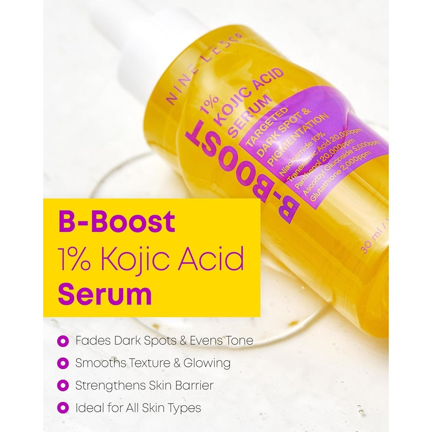 NINELESS B-Boost 1% Kojic Acid Serum – 30ml | Brightening & Pigment-Correcting Serum with Niacinamide, Tranexamic Acid &amp; Peptides