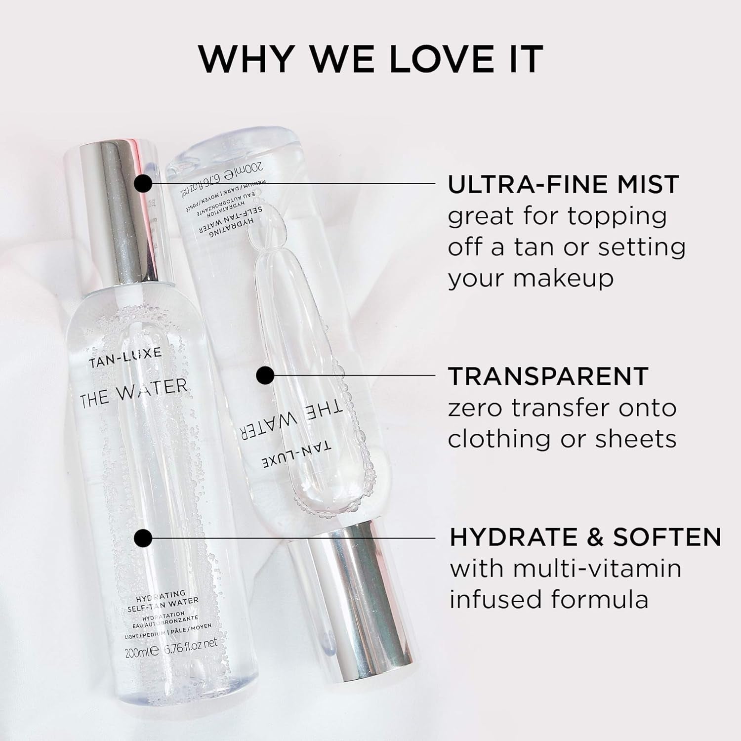 TAN-LUXE The Water Hydrating Self-Tan Water – 200ml (Medium/Dark) | Clear, Weightless Self-Tanner for a Natural, Streak-Free Glow