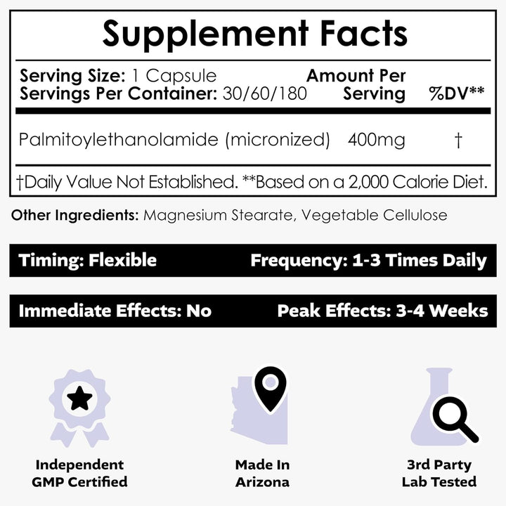 Nootropics Depot Palmitoylethanolamide Capsules 400mg 180 Capsules | Natural Discomfort & Nerve Support