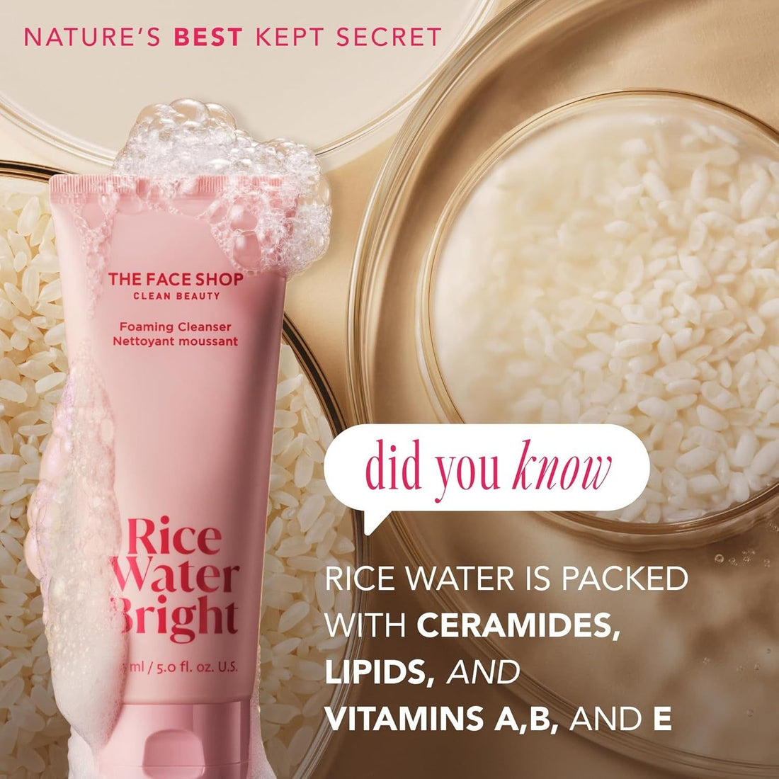 The Face Shop Rice Water Bright Foaming Cleanser - 300ml | Gentle Brightening Cleanser for Radiant Skin