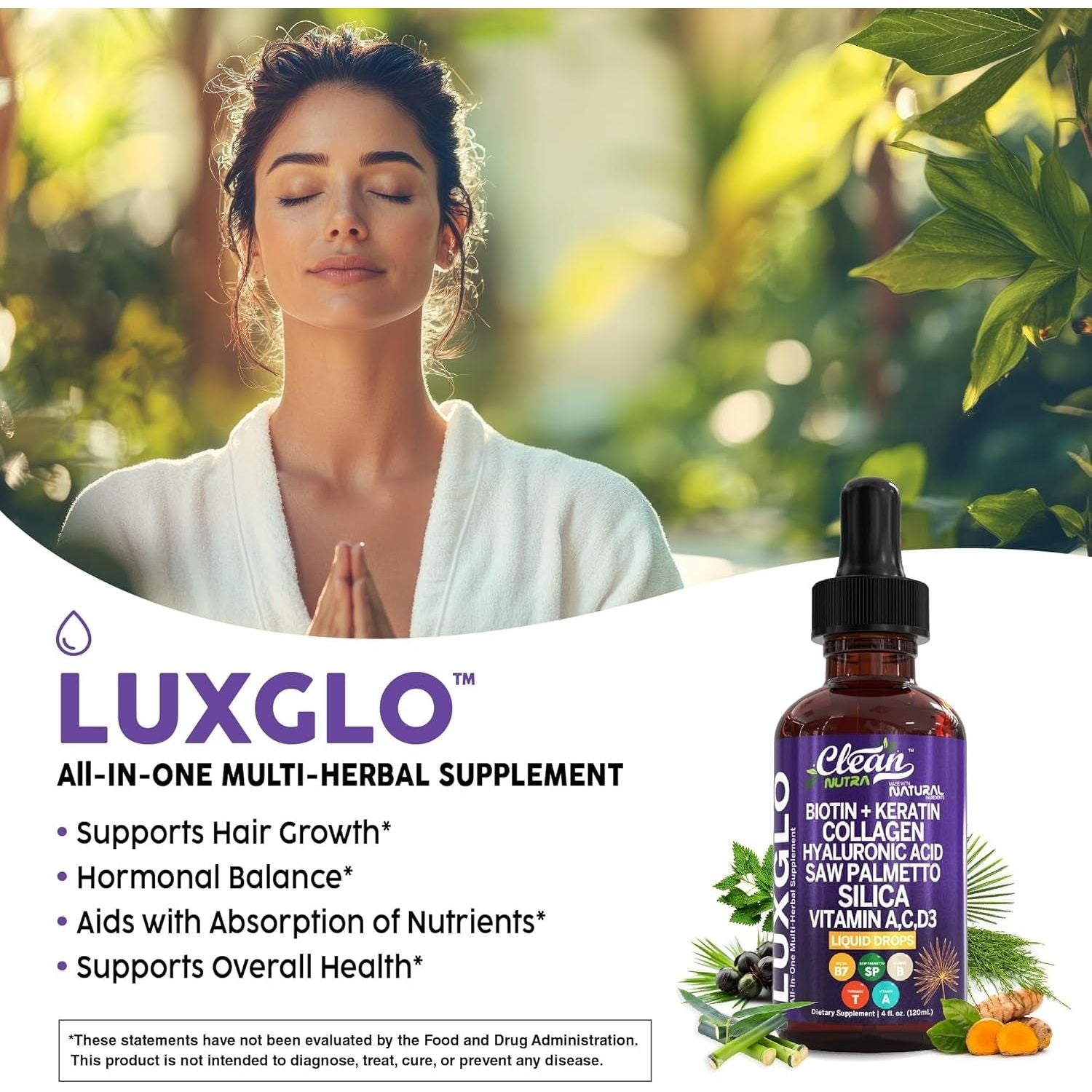 Clean Nutraceuticals LuxGlo All-in-One Multi-Herbal Supplement - 120ml | Liquid Biotin, Collagen, Hyaluronic Acid & More for Radiant Hair, Skin & Nails