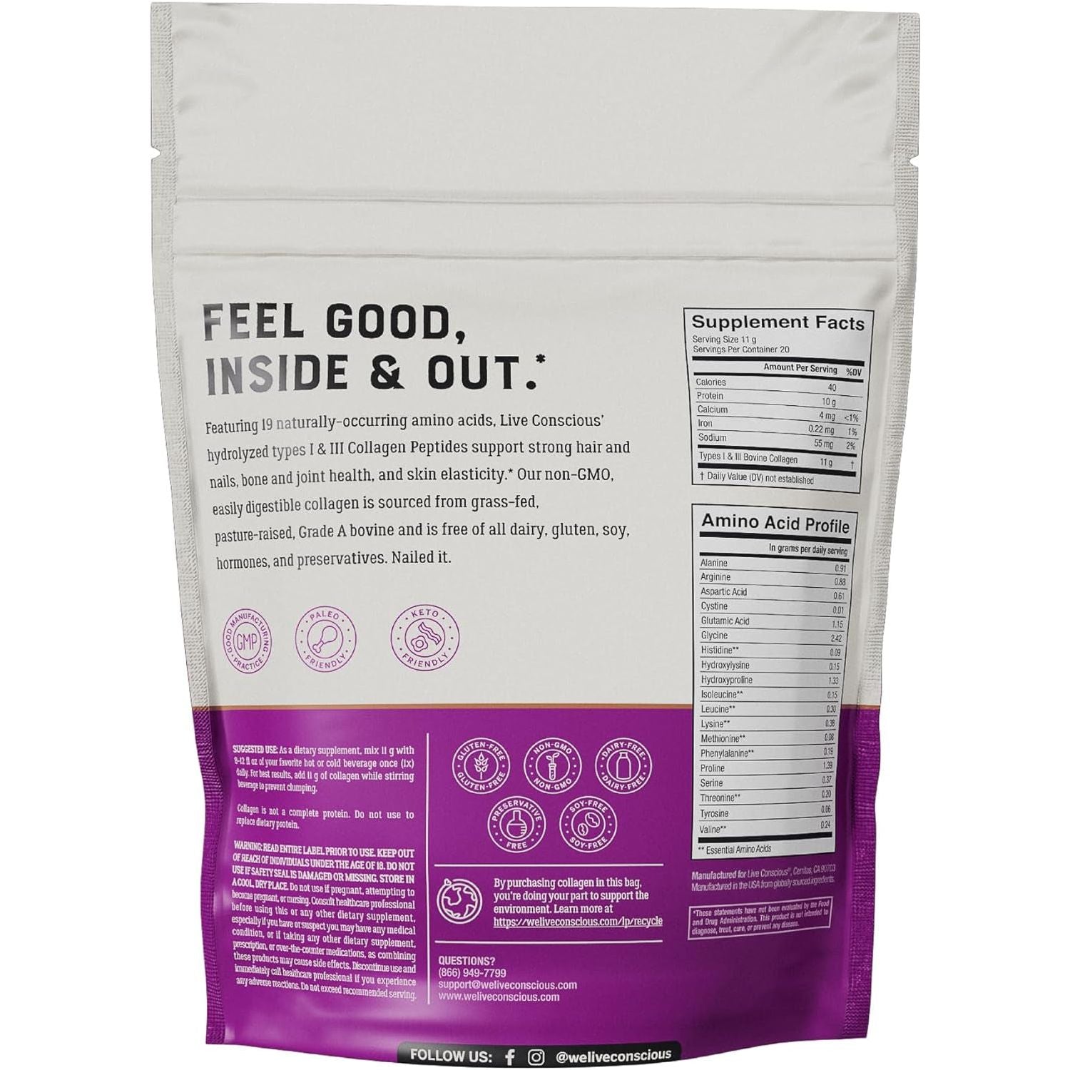 Live Conscious Collagen Peptides (Unflavored) 220g | Youthful Skin, Hair & Nail Support | 20 Servings