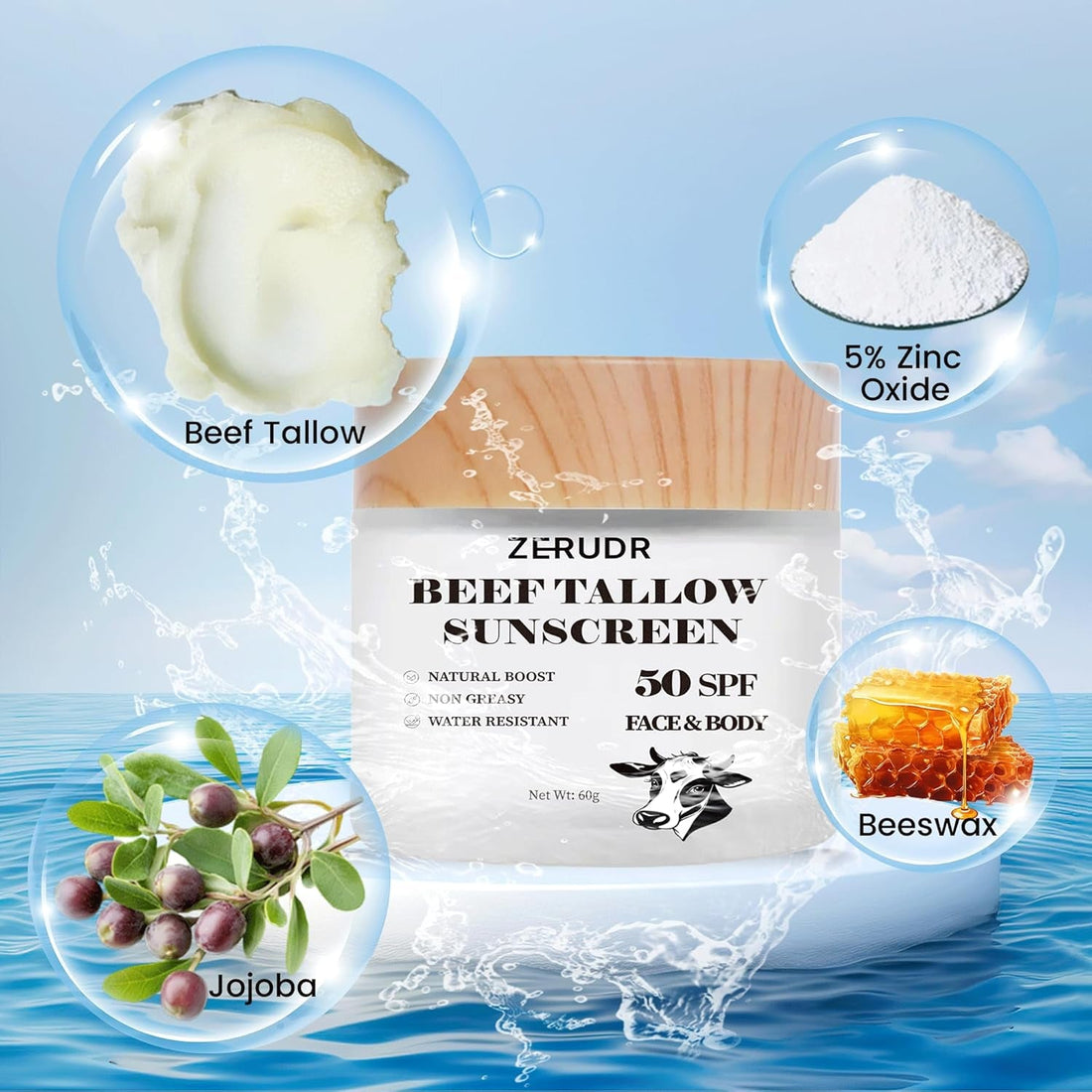ZERUDR Beef Tallow Sunscreen SPF 50 – 60g | Non-Toxic, Water-Resistant Sun Protection for Sensitive Skin