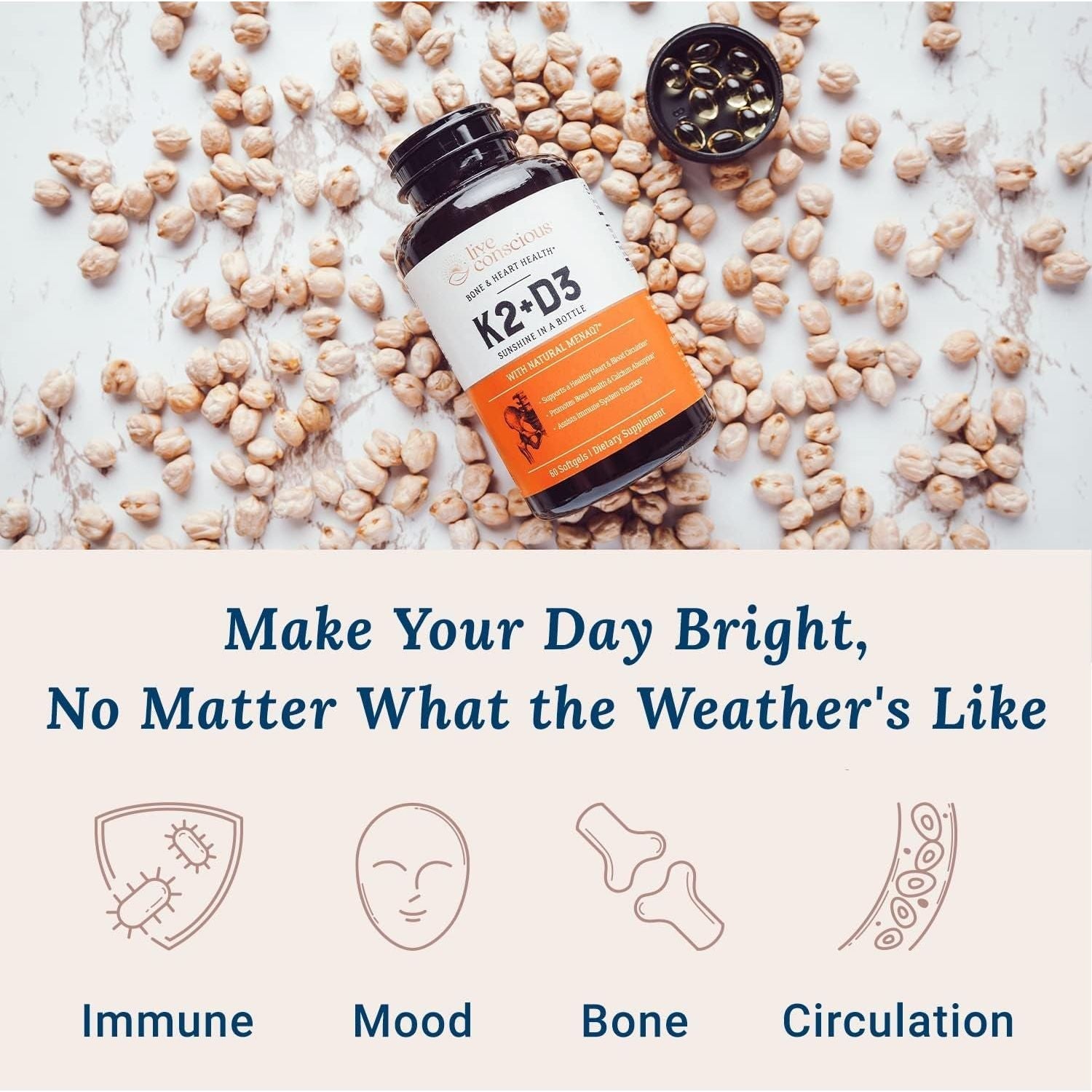 Live Conscious K2 + D3 Supplement 60 Softgels | Bone Strength, Heart Health & Immune Support