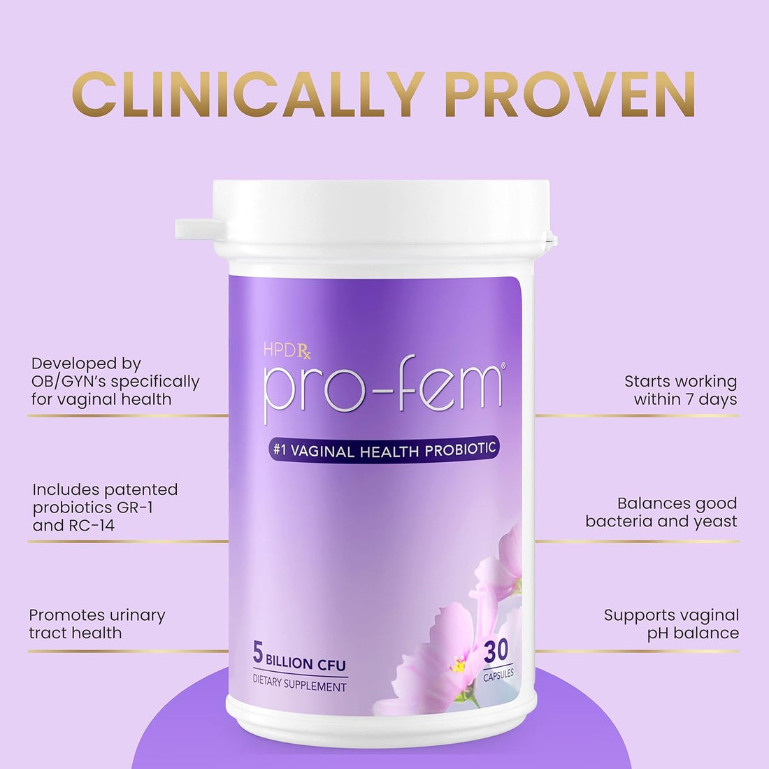 HPD Rx Pro-Fem #1 Vaginal Health Probiotic 30 Capsules | Clinically Proven Support for pH Balance, Yeast & UTI Relief