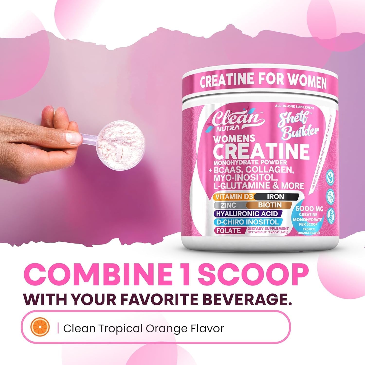 Clean Nutraceuticals Women’s Creatine – 269g | Tropical Orange With Creatine, Collagen, BCAAs, Biotin & Vitamins for Muscle, Recovery & Radiance