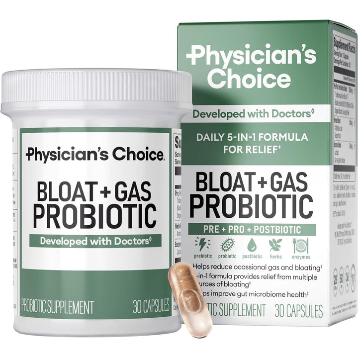 Physician's CHOICE Bloat + Gas Probiotic Supplement – 30 Capsules | 5-in-1 Digestive Support for Bloating, Gas & Gut Health