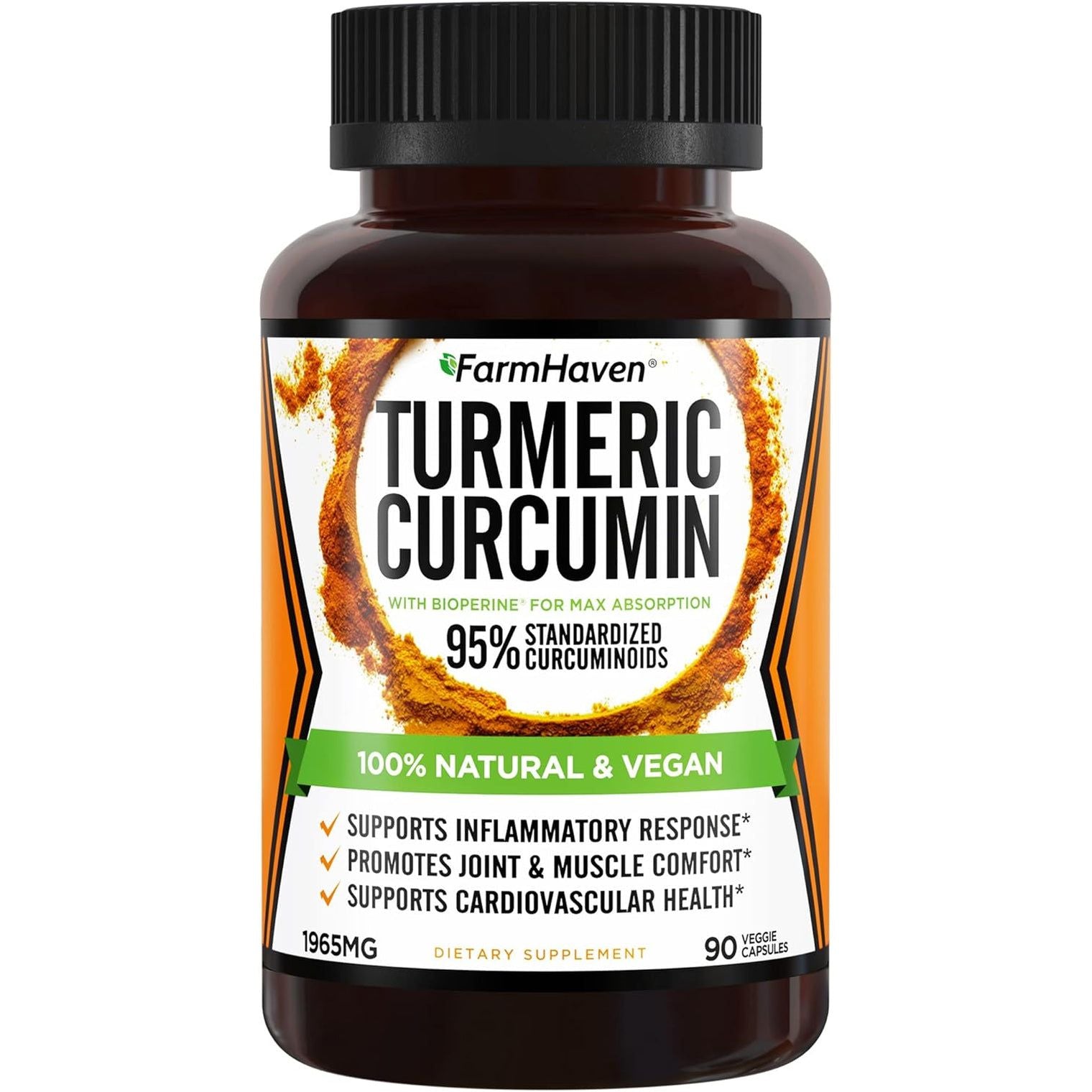 FarmHaven Turmeric Curcumin 90 Capsules | 1965mg High-Potency Joint, Heart & Brain Support with BioPerine