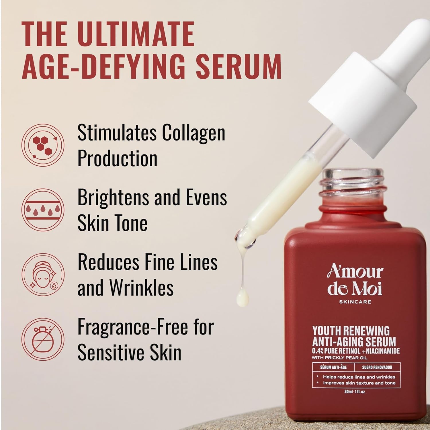 Amour De Moi Youth Renewing Anti-Aging Serum 30ml | Retinol + Niacinamide for Smoother, Brighter, Younger-Looking Skin