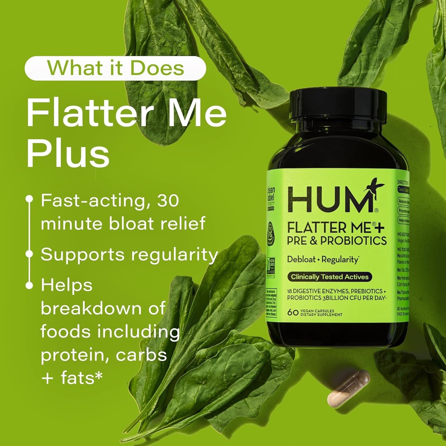 HUM Flatter Me Digestive Enzymes 60 Capsules | Fast-Acting Bloating Relief & Gut Support