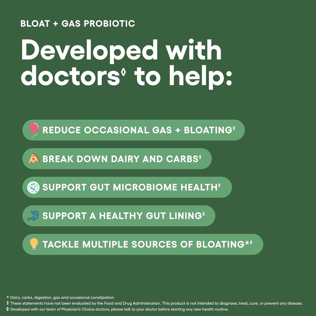 Physician's CHOICE Bloat + Gas Probiotic Supplement – 30 Capsules | 5-in-1 Digestive Support for Bloating, Gas & Gut Health