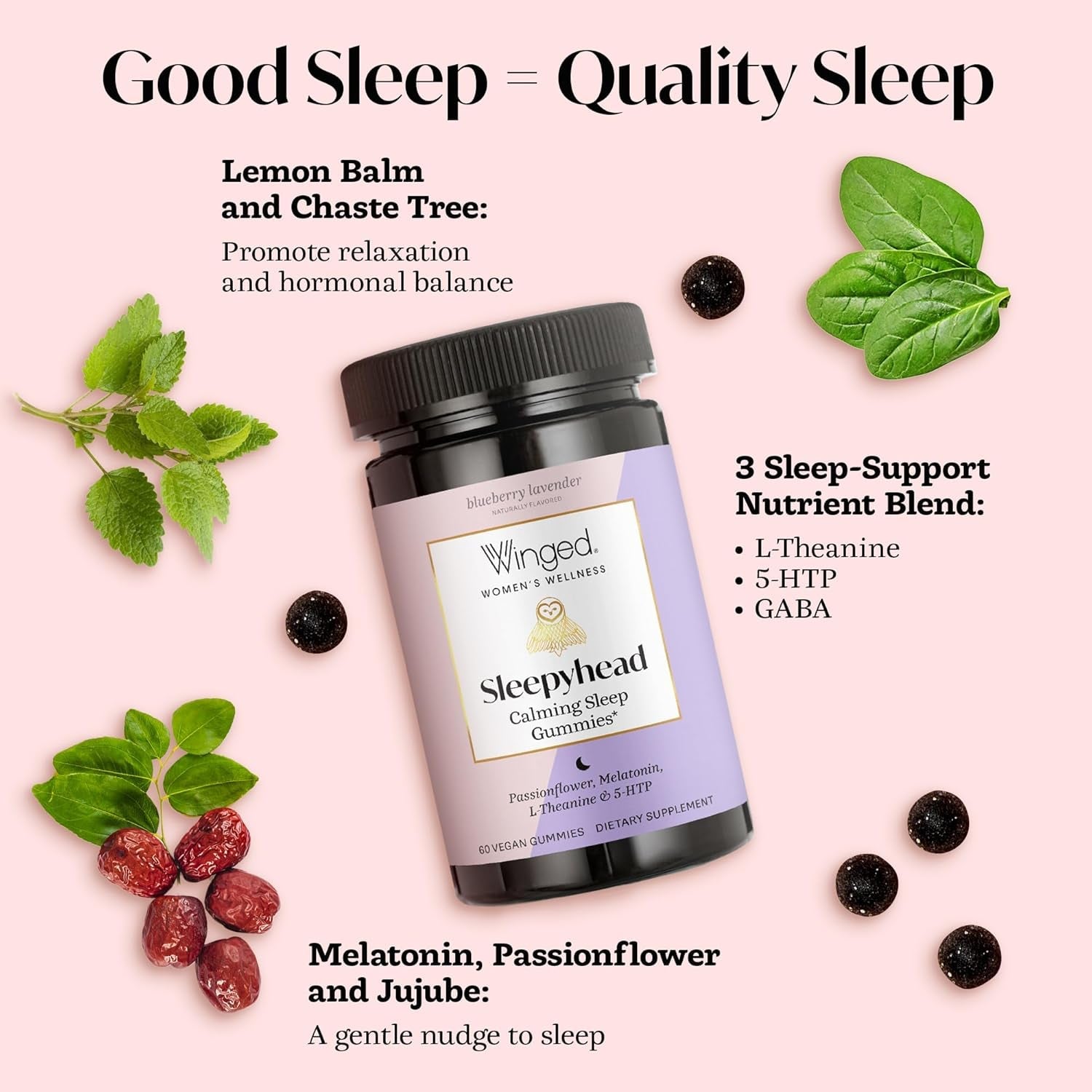 Winged Wellness Sleepyhead Calming Sleep Gummies for Women Blueberry Lavender 60 Gummies | Natural Melatonin & Herbal Support