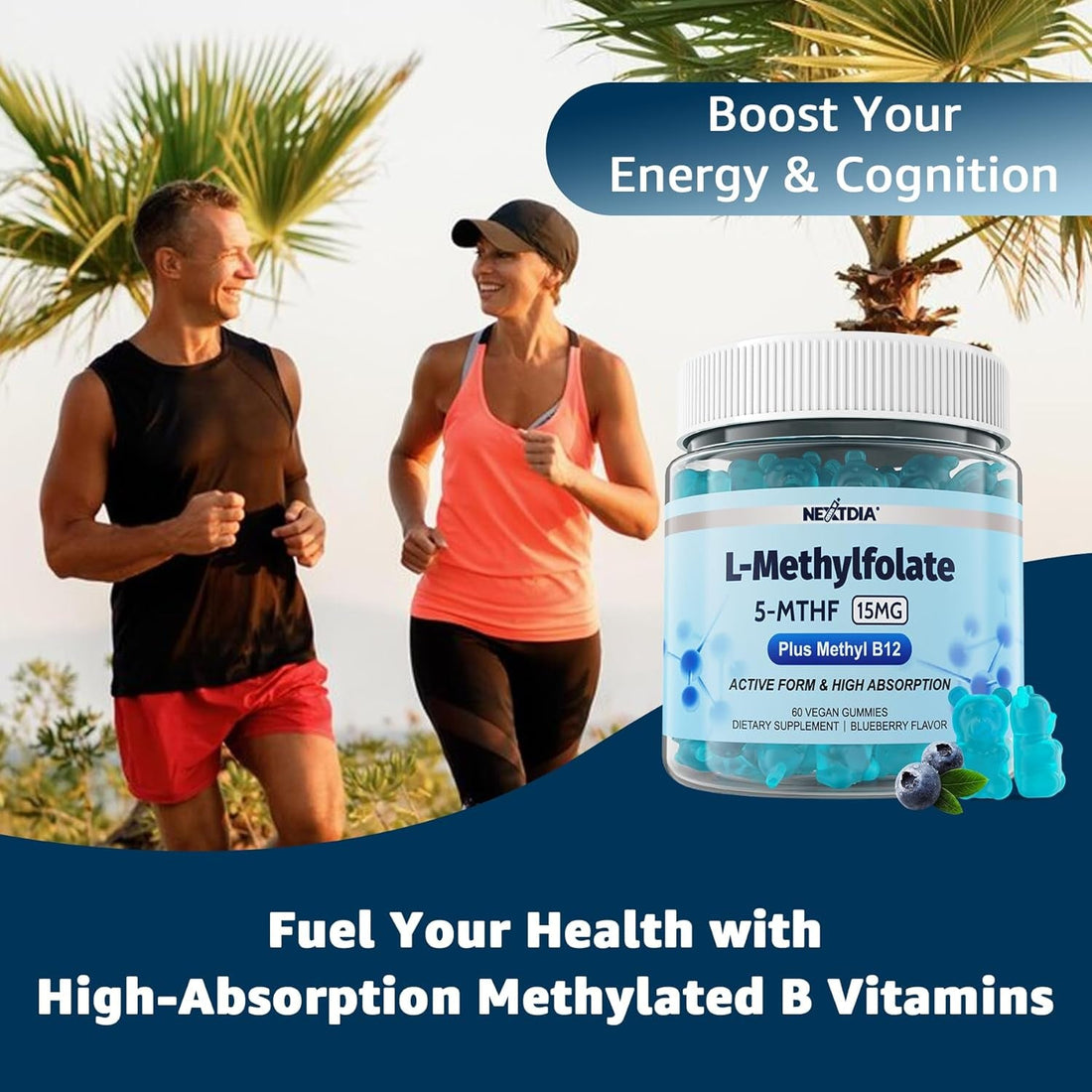 Nextdia L-Methylfolate 5-MTHF Gummies 60 Sugar-Free Vegan Gummies | Active Folate + Methylated B Vitamins for Energy, Mood & Focus