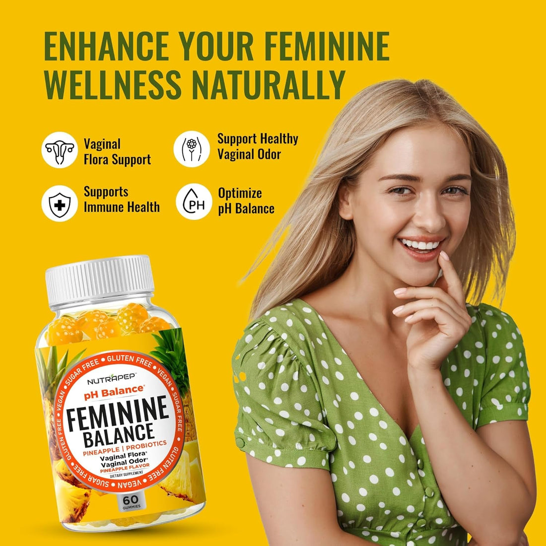 NutraPep Feminine Balance – 60 Gummies | Sugar-Free Vaginal Probiotic with Cranberry, D-Mannose & Vitamin C