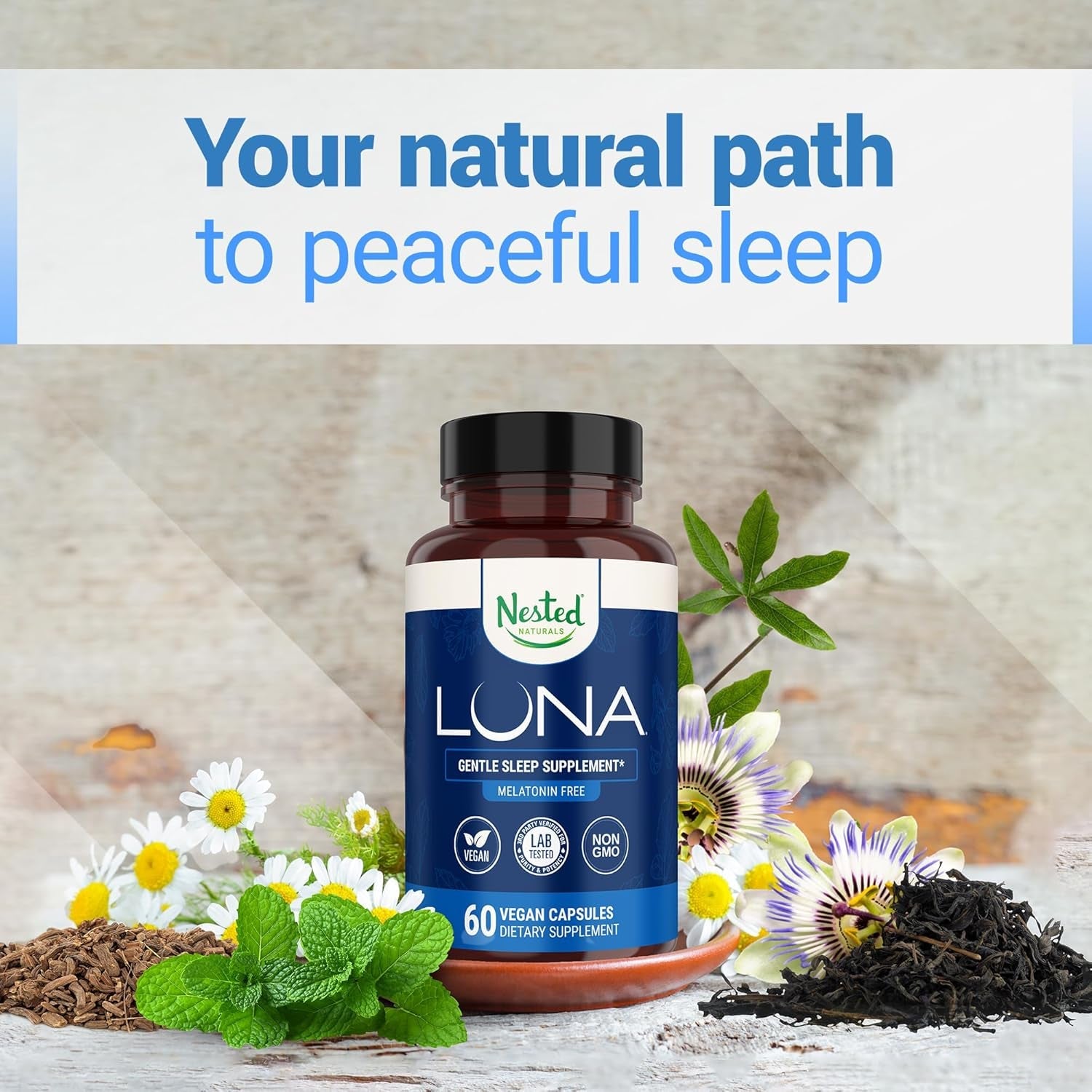 Nested Naturals Luna Gentle Sleep Supplement (Melatonin-Free) – 60 Vegan Capsules | Natural, Non-Habit Forming Sleep Aid